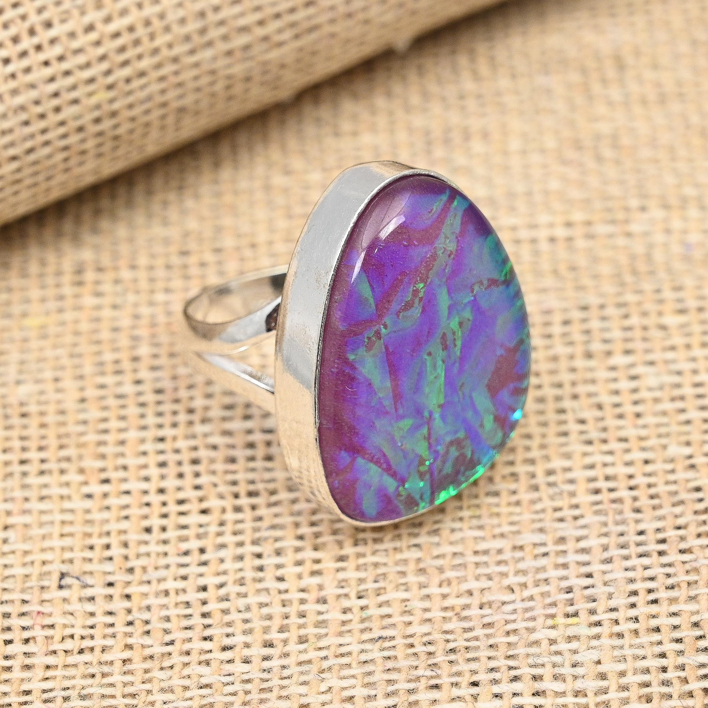 Ювелирное кольцо из стерлингового серебра 925 пробы с фиолетовым австралийским тройным опалом и драгоценным камнем ручной работы