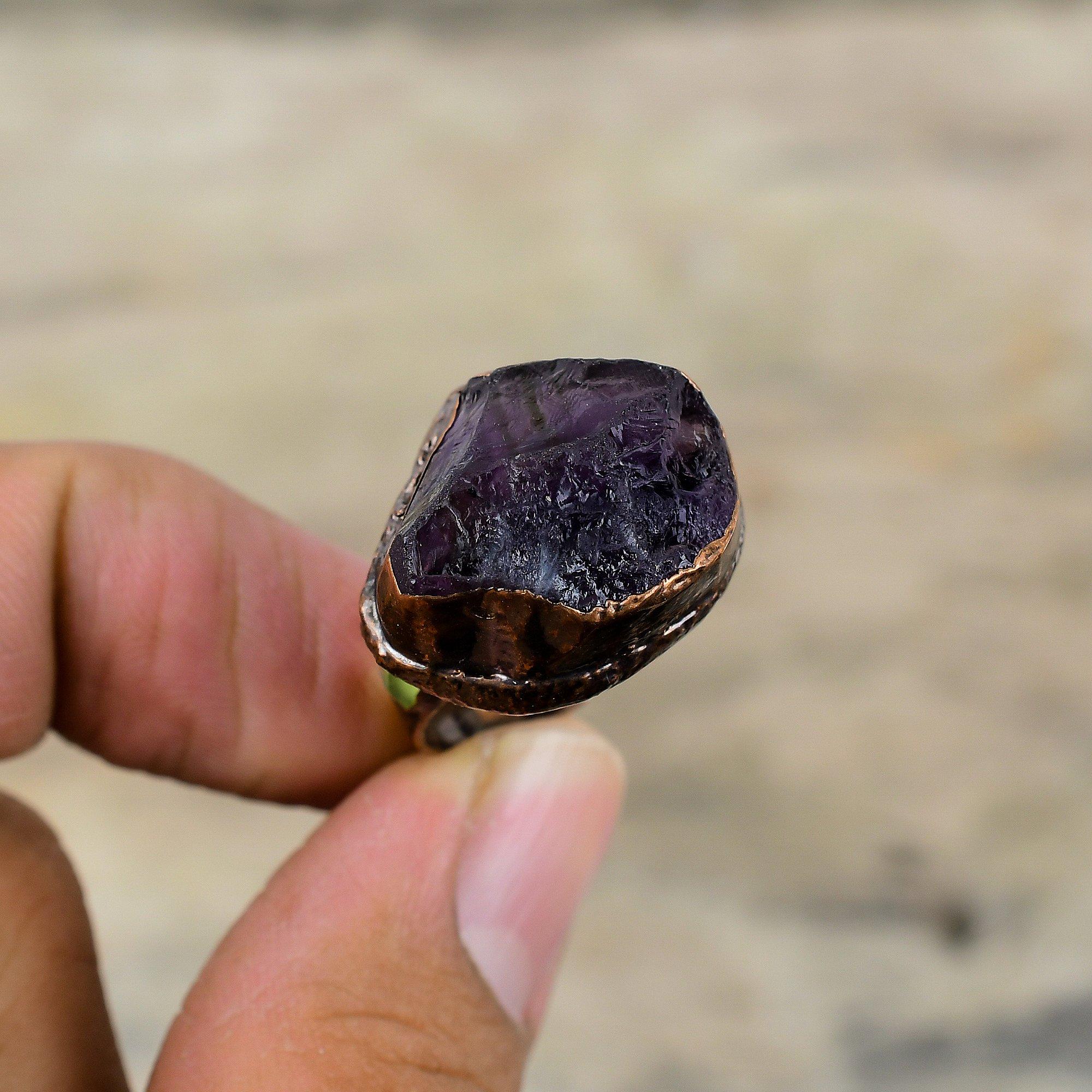 African Amethyst Rough Ring Green Tourmaline Rough Gemstone Ring Electroformed Copper Ring Adjustable Rings Handmade Electroformed Jewelry