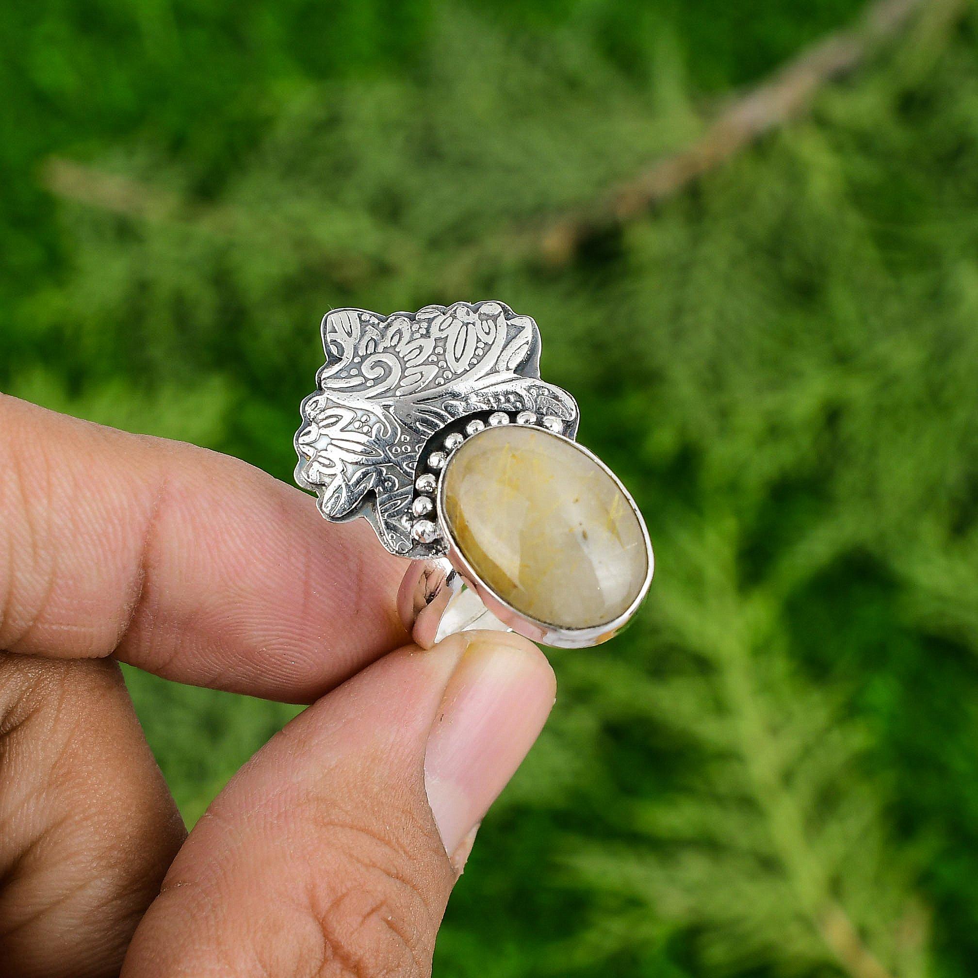 Sterling Silver Oval Natural Golden Rutile Stackable Wedding Sister Ring Jewelry