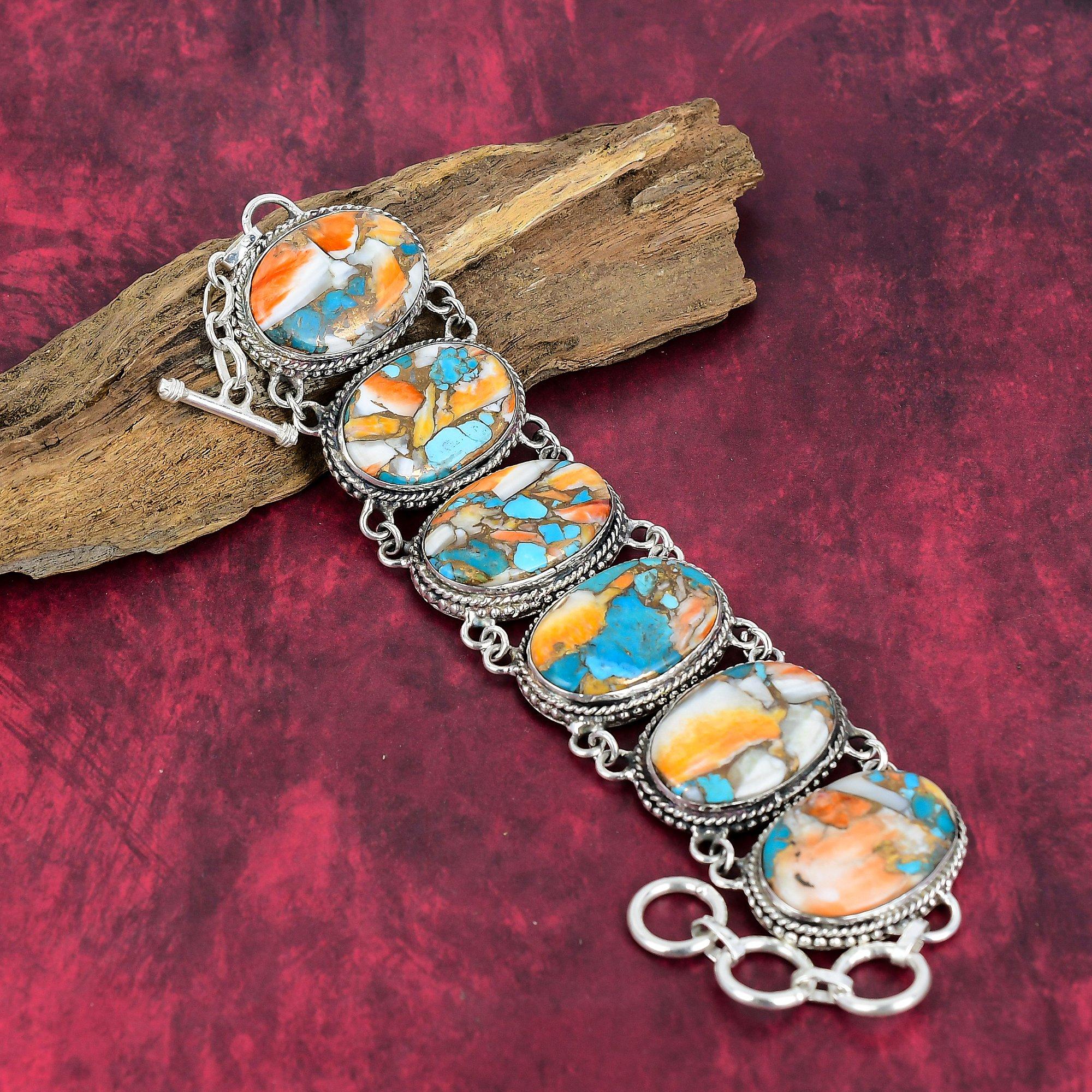 Оранжевая колючая устрица Ювелирный браслет ручной работы из драгоценных камней, браслет из стерлингового серебра 925 пробы, регулируемый браслет-цепочка Натуральные украшения Подарок на годовщину