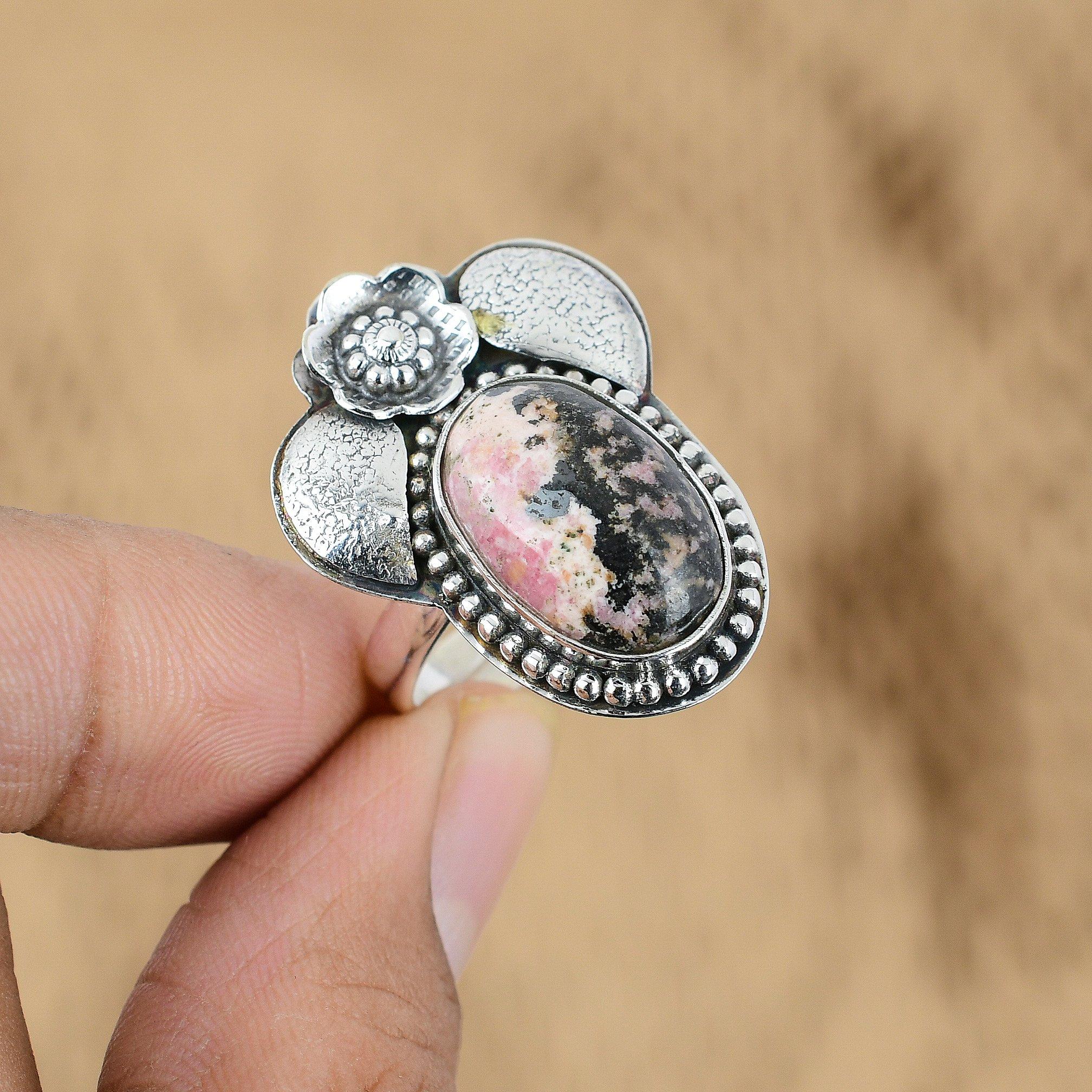 Sterling Silver Rhodonite Gemstone Sister Ethnic Flower Heart Chakra Unique Ring