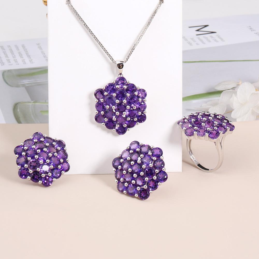 2023 Новые роскошные ювелирные изделия из натурального аметиста, серебряные кольца 925 пробы, серьги, ожерелье, комплект ювелирных изделий для женщин, подарок на годовщину