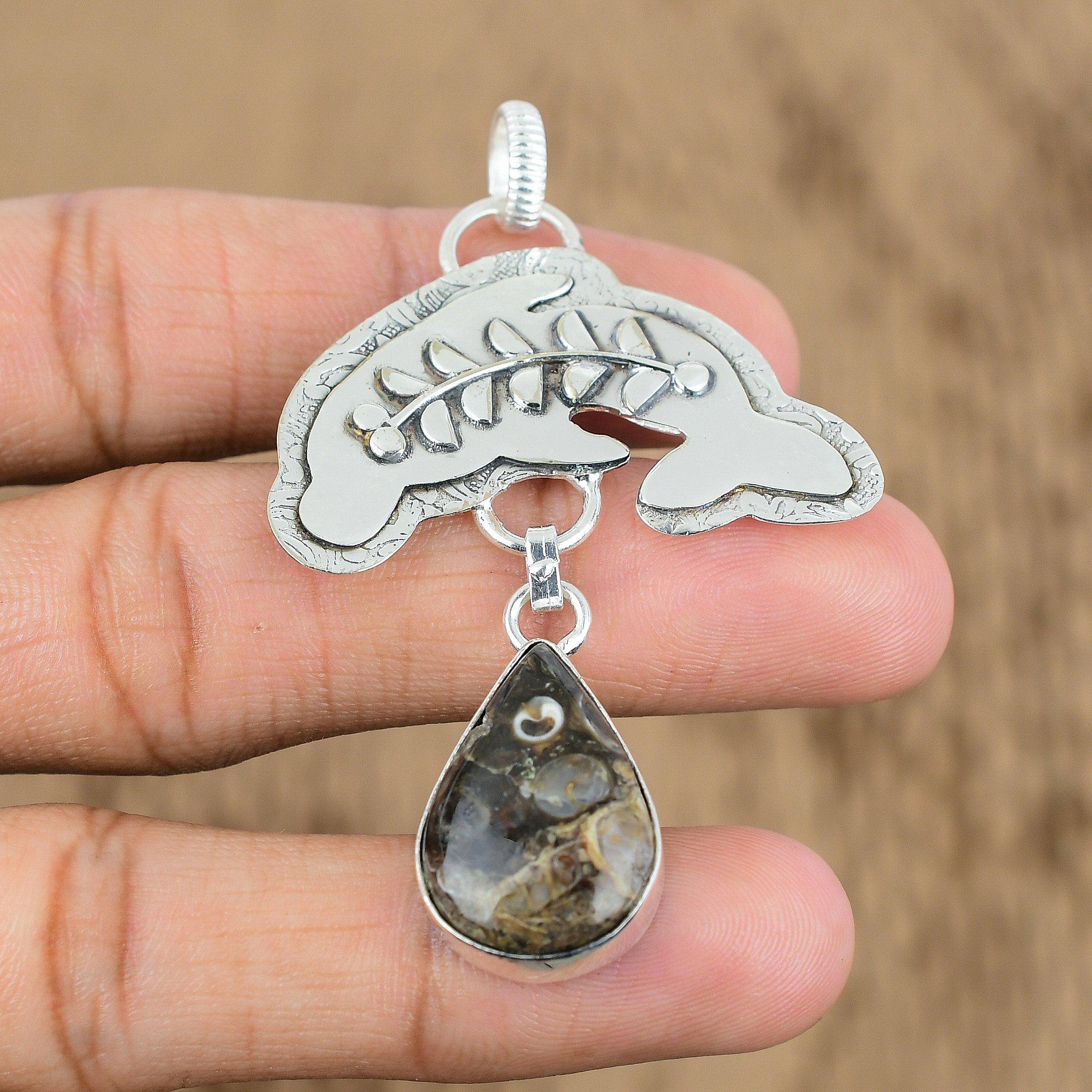 Easter Deal 925 Silver Pear Turritella Agate Stone Wife Fish Engagement Pendant