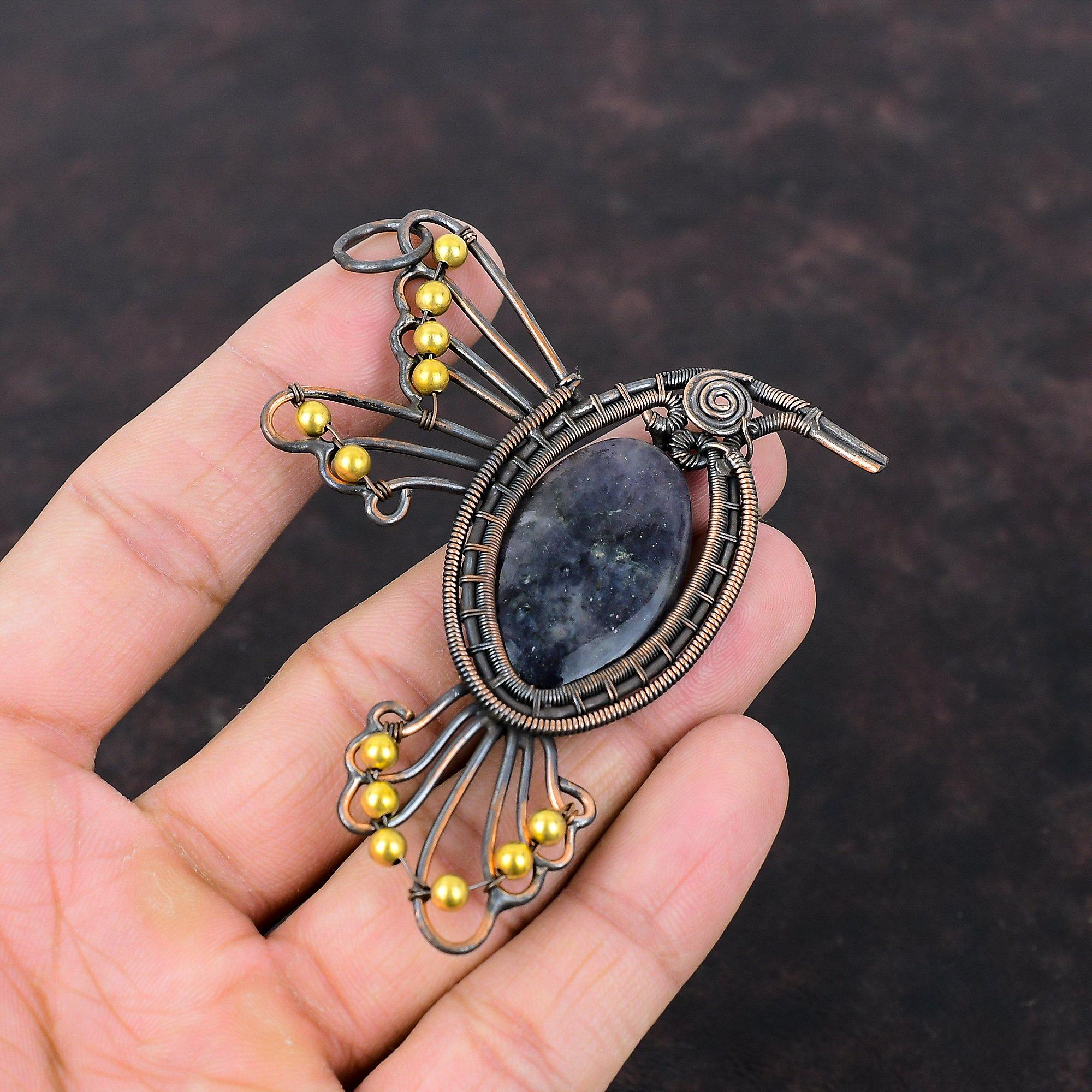 Кулон с солнечным камнем иолита, медная проволока, кулон, кулон с драгоценным камнем, удивительные медные украшения, новый кулон ручной работы, кулон с птицей для подарка