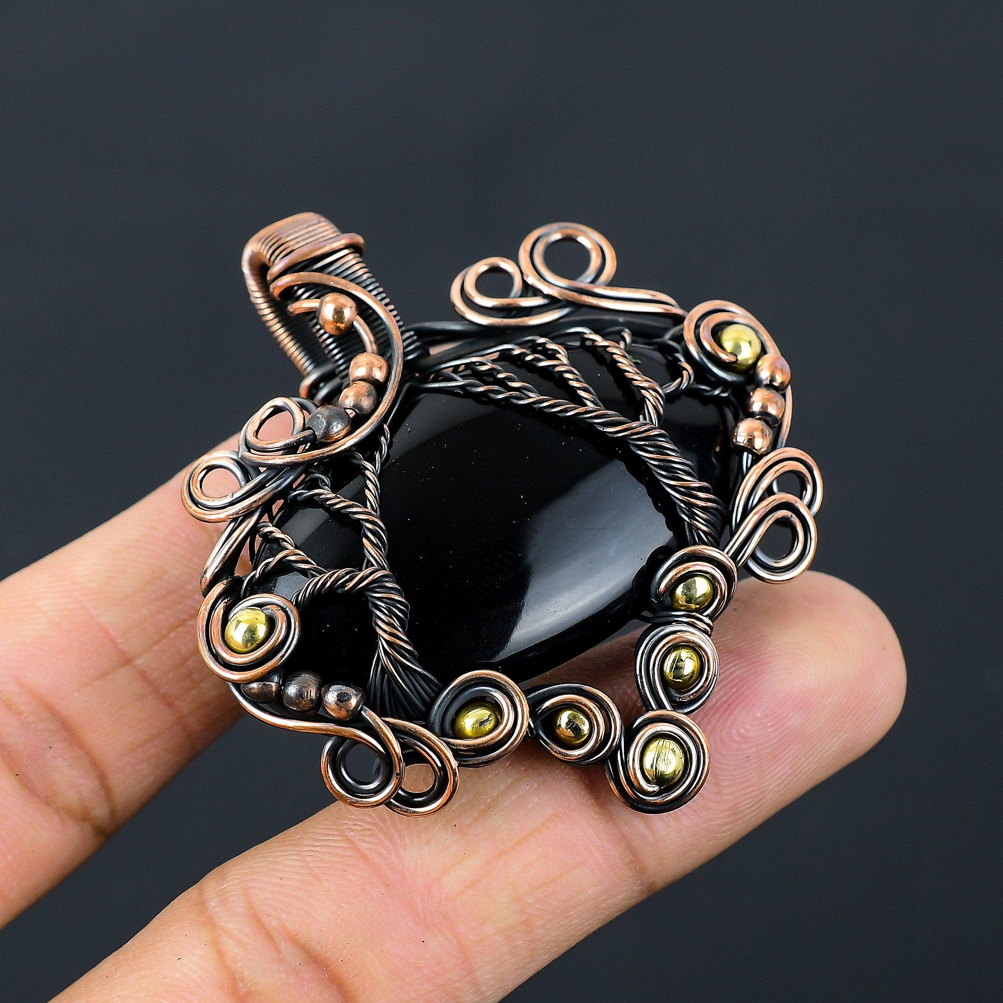 Великолепное Древо Жизни, черный оникс, драгоценный камень, чистая медная проволока, обернутая подвеской ручной работы, ювелирные изделия