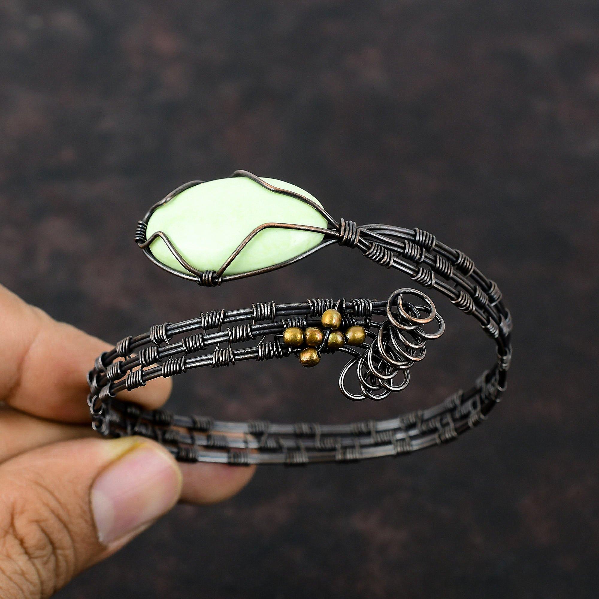 Браслет-манжета из лимонного хризопраза, браслет с медной проволокой, регулируемый браслет-манжета, ювелирное изделие с медной проволокой, свадебный подарок, браслет ручной работы из драгоценных камней