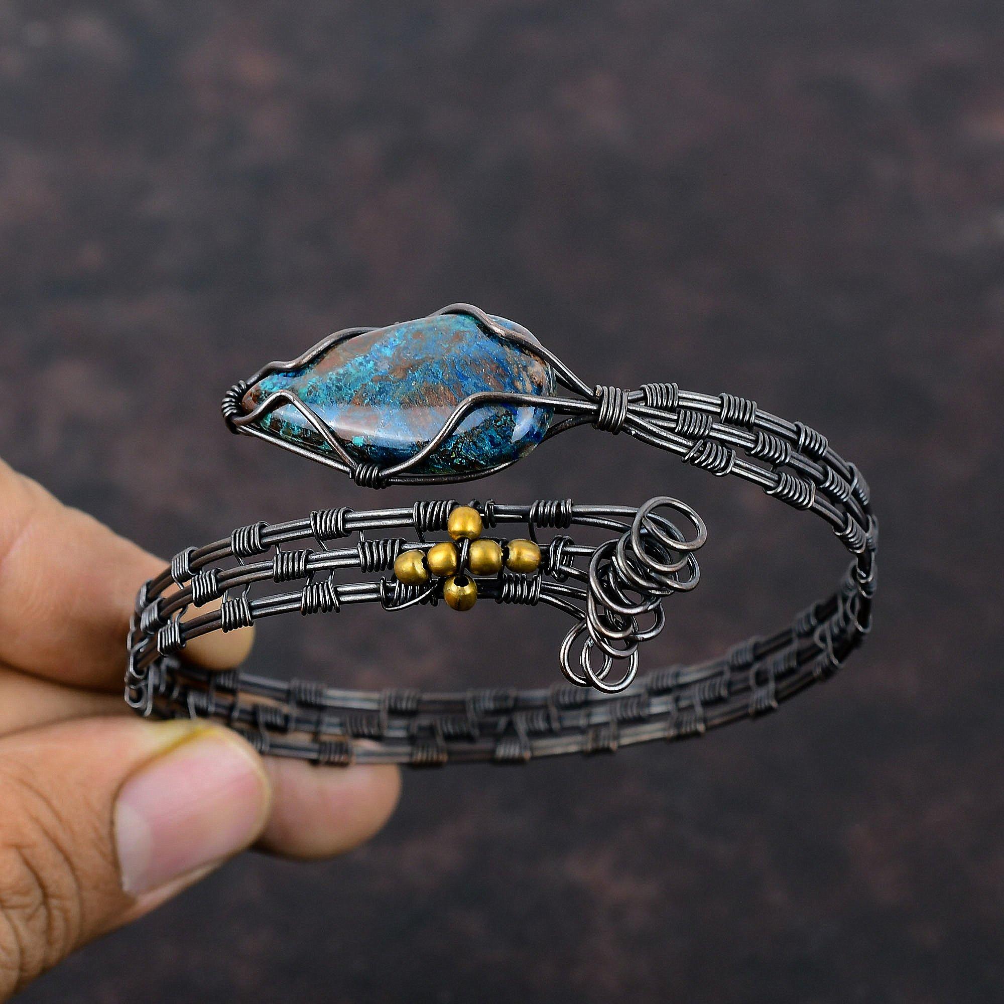 Шаттукит Браслет-манжета, обмотанный медной проволокой, ручной работы, совершенно новый браслет, регулируемый браслет, драгоценный камень, медная проволока, ювелирное изделие, свадебный подарок