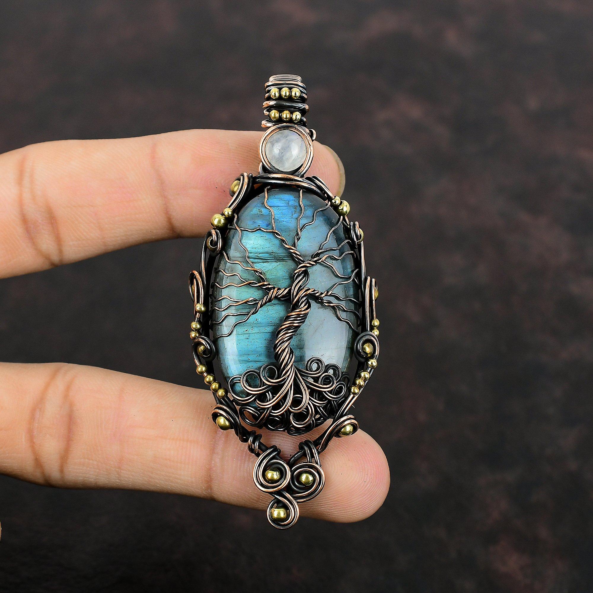 Подвеска из лабрадорита «Дерево жизни», подвеска из медной проволоки, подвеска из радужного лунного камня, ювелирное изделие ручной работы из драгоценных камней, подарок для нее, медные украшения