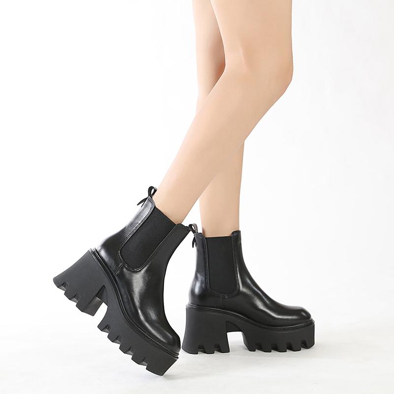 Slip On Women Motorcycle Boots Square High Heels Thick Platform Female Ankle Boots Black Plus Sizes Chelsea Boots Women