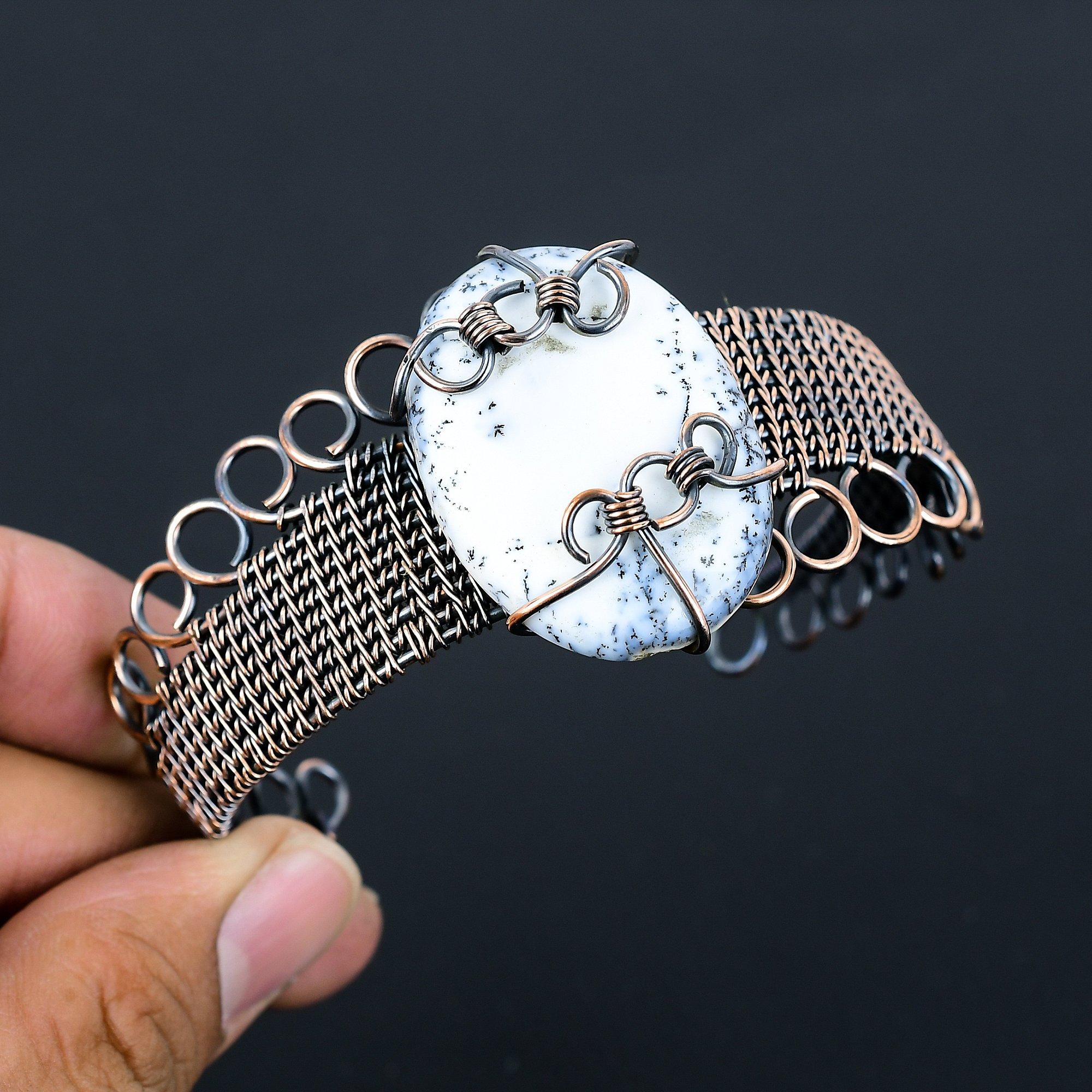 Дендритовый опал, драгоценный камень, чистая медная проволока, завернутая в манжеты/браслет ручной работы, ювелирные изделия