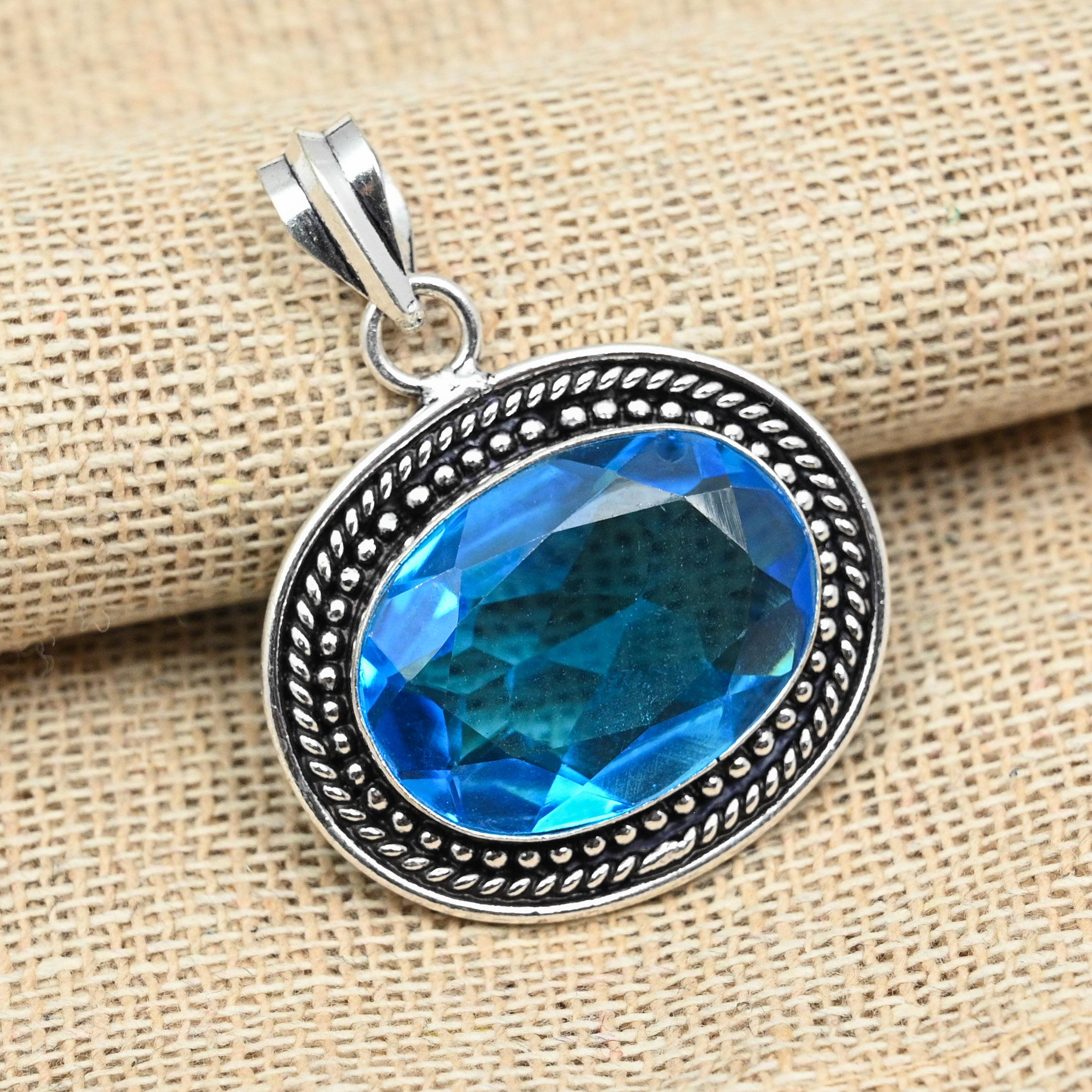 Подвеска из стерлингового серебра 925 пробы с синим топазом и драгоценным камнем ручной работы для женщин