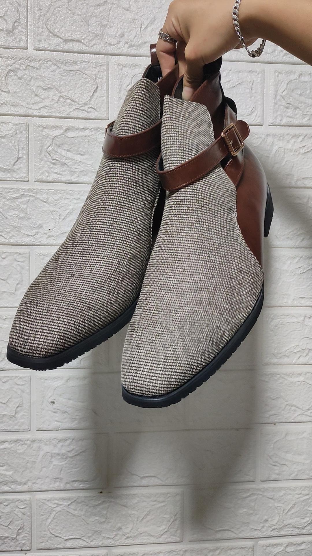 Men’s Chelsea Demi-season Short Boots Wingtip Mid-calf Boots Tuxedo Ankle Boots for Men Pointed Toe Retro Stitching Contrast Color Boots