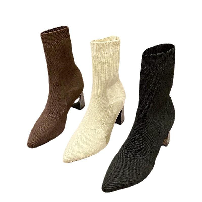 2022 New Autumn Winter Thick High-heeled All-match Thin and Thin Boots Women's Pointed Toe Mid-tube Elastic Socks Boots Women