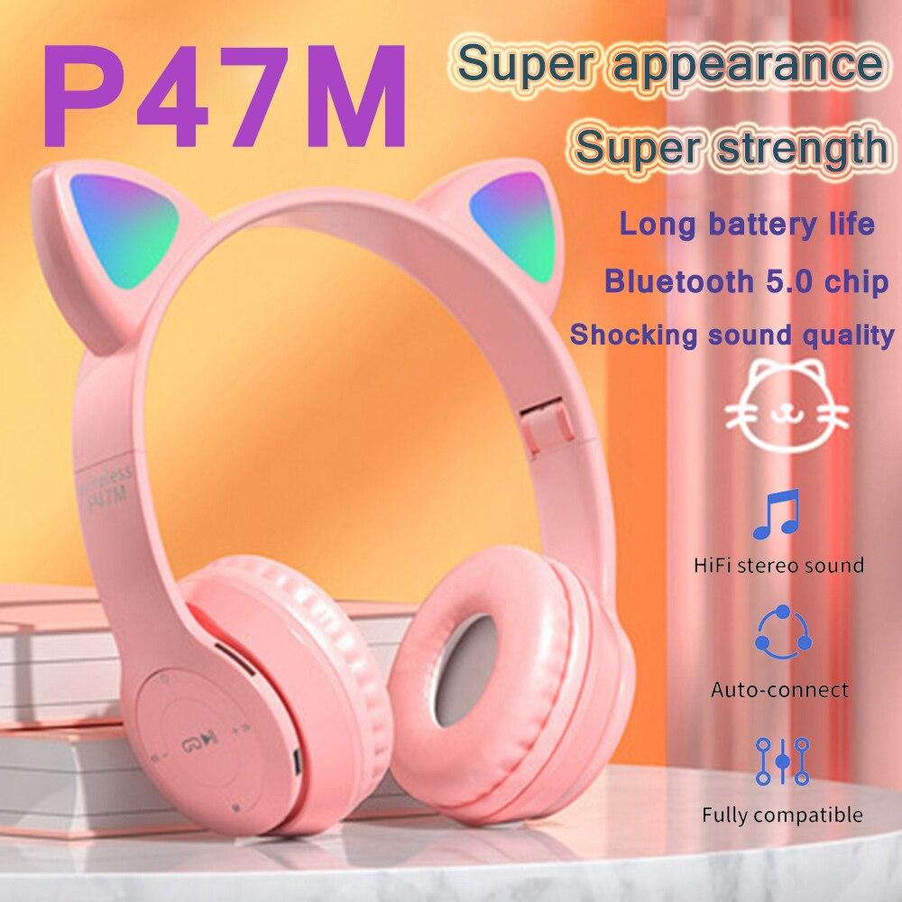 Wireless Bluetooth Headphones Cute Cat Ear Audio Stereo Sports Gaming Headset With Mic LED Lights Girl Earphone P47M