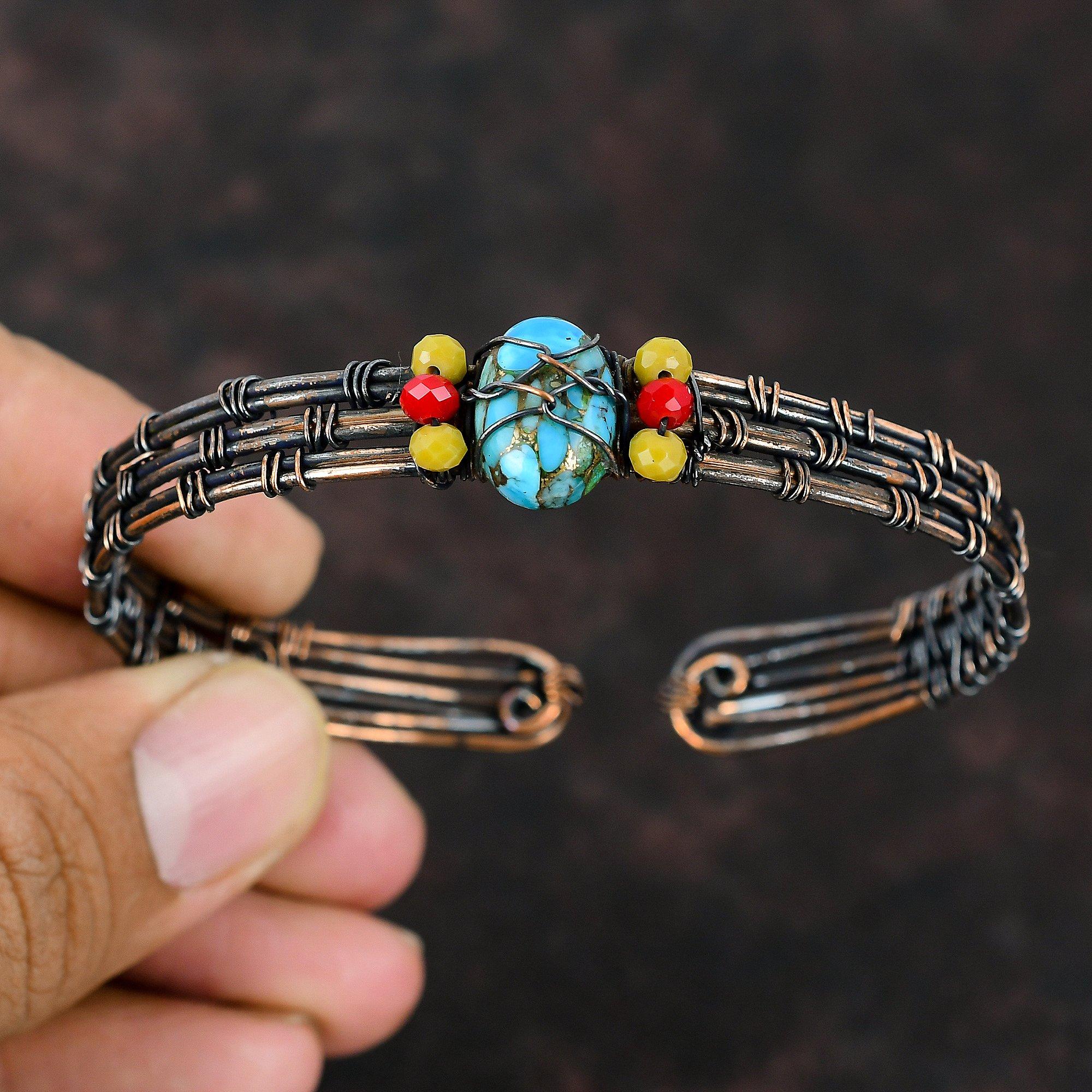 Медно-голубой бирюзовый браслет-манжета с желтыми и красными коралловыми бусинами, браслет из медной проволоки, регулируемый браслет-манжета с драгоценными камнями