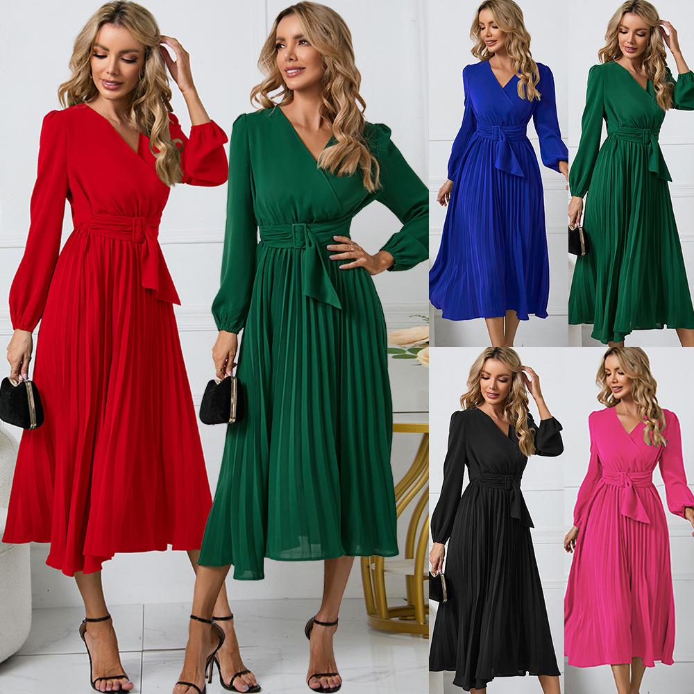 Spring and Autumn Women's Dress Solid Color Long Sleeve Slim Temperament Elegant Pleated Belt V-Neck Dresses