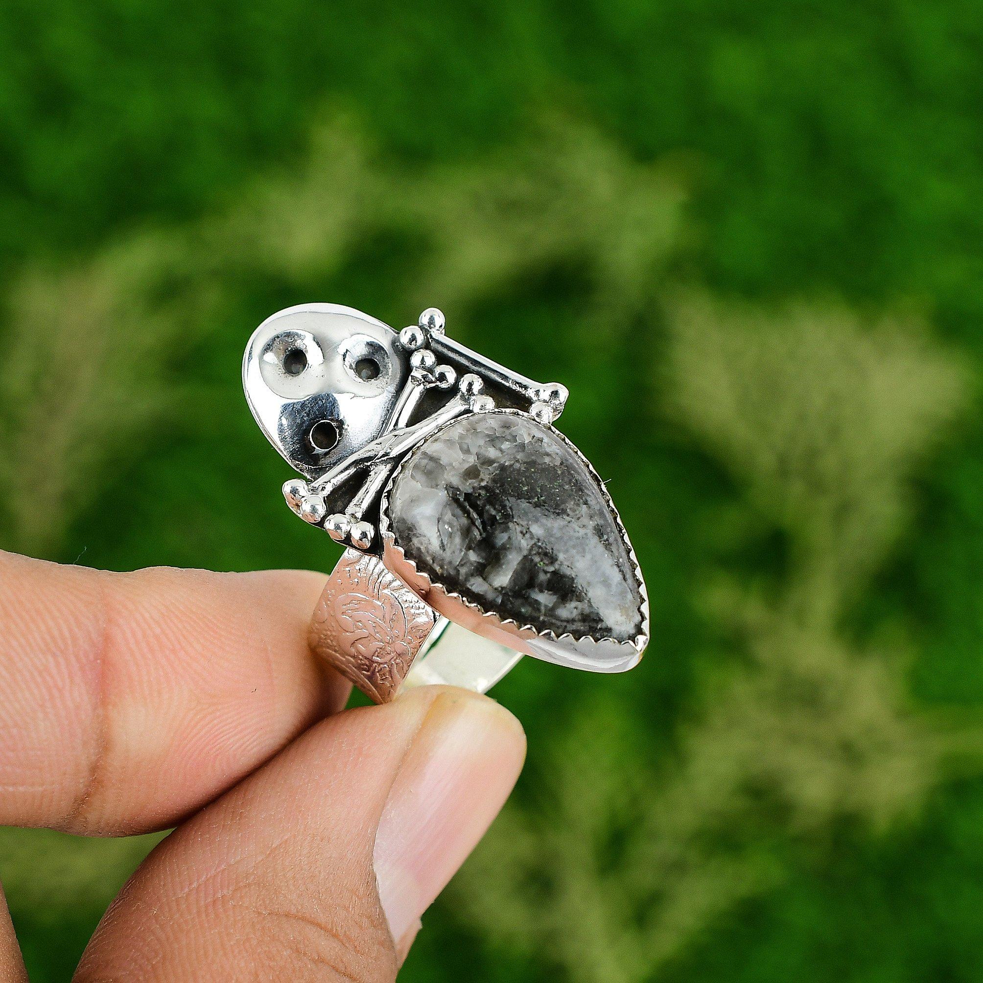 925 Silver Natural Orthoceras Fossil Promise Skull And Bone Adjustable Ring