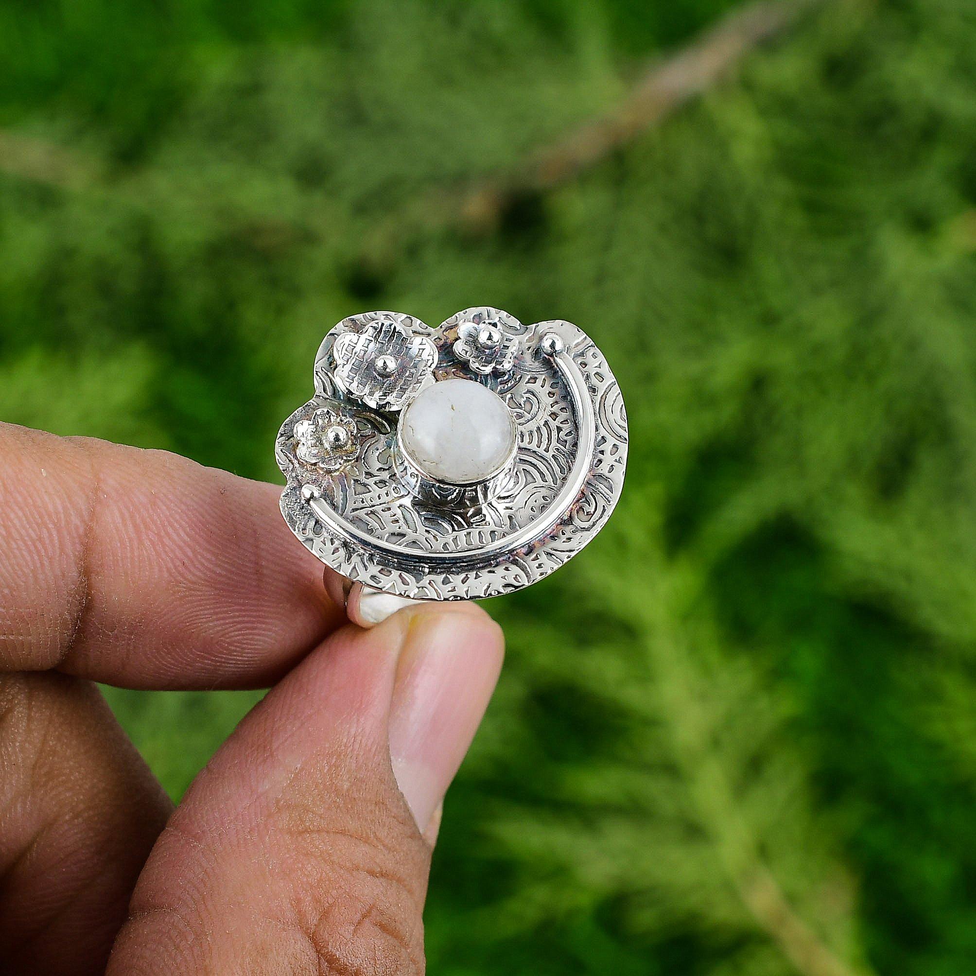 Round Rainbow Moonstone Stone 925 Silver Handmade Birthday Flower Statement Ring