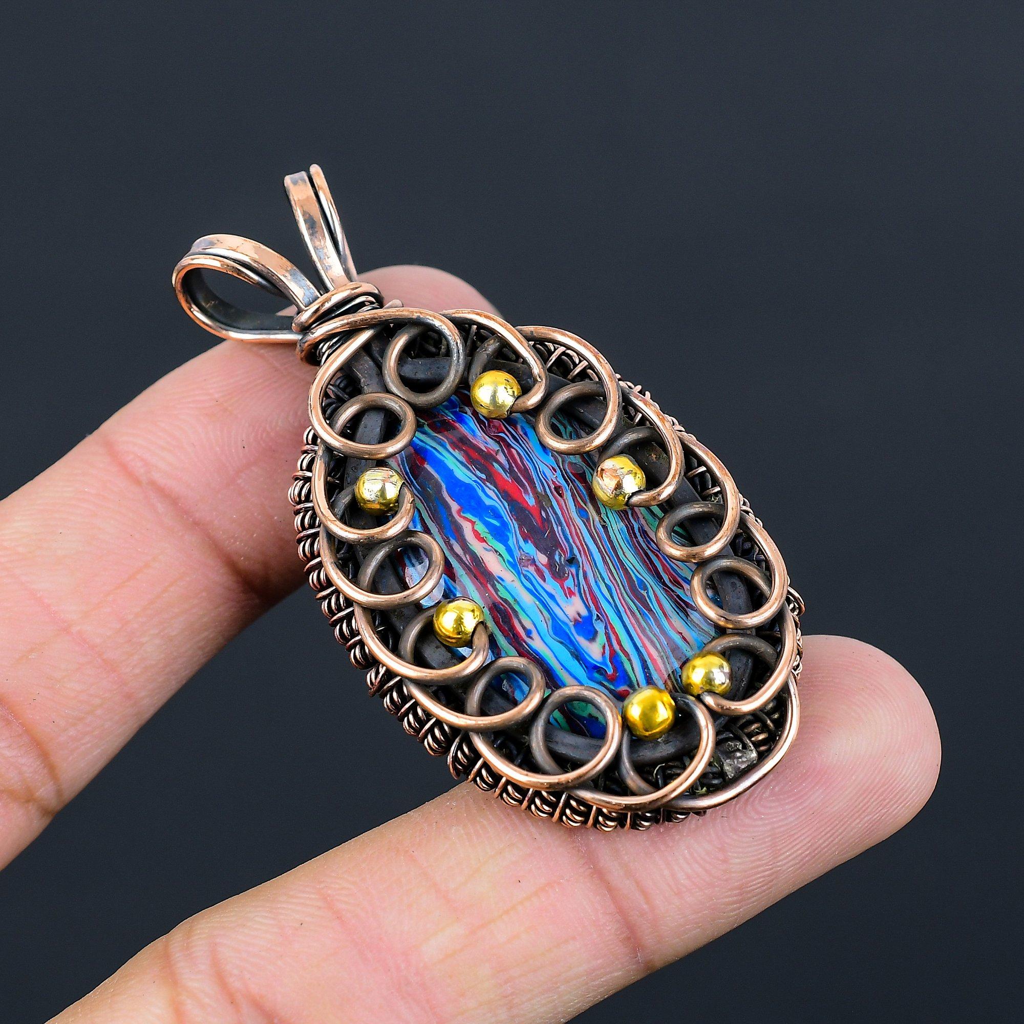 Радужный драгоценный камень Калсилика Чистая медная проволока обернутая подвеска ювелирных изделий ручной работы для подарка