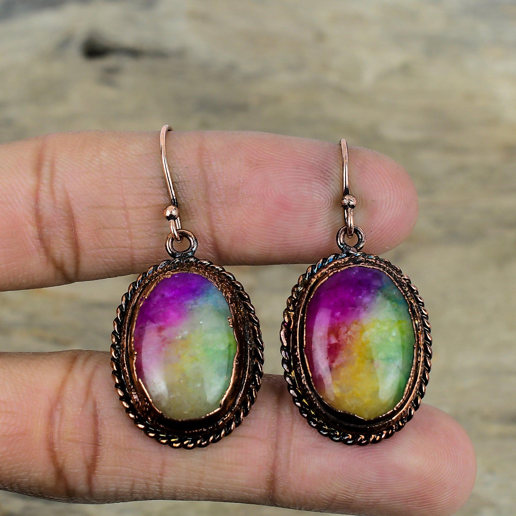 Радужный солнечный кварц друзы серьги гальванопластика медные серьги драгоценный камень серьги ручной работы очень красивые гальванопластика ювелирные изделия подарки для мамы