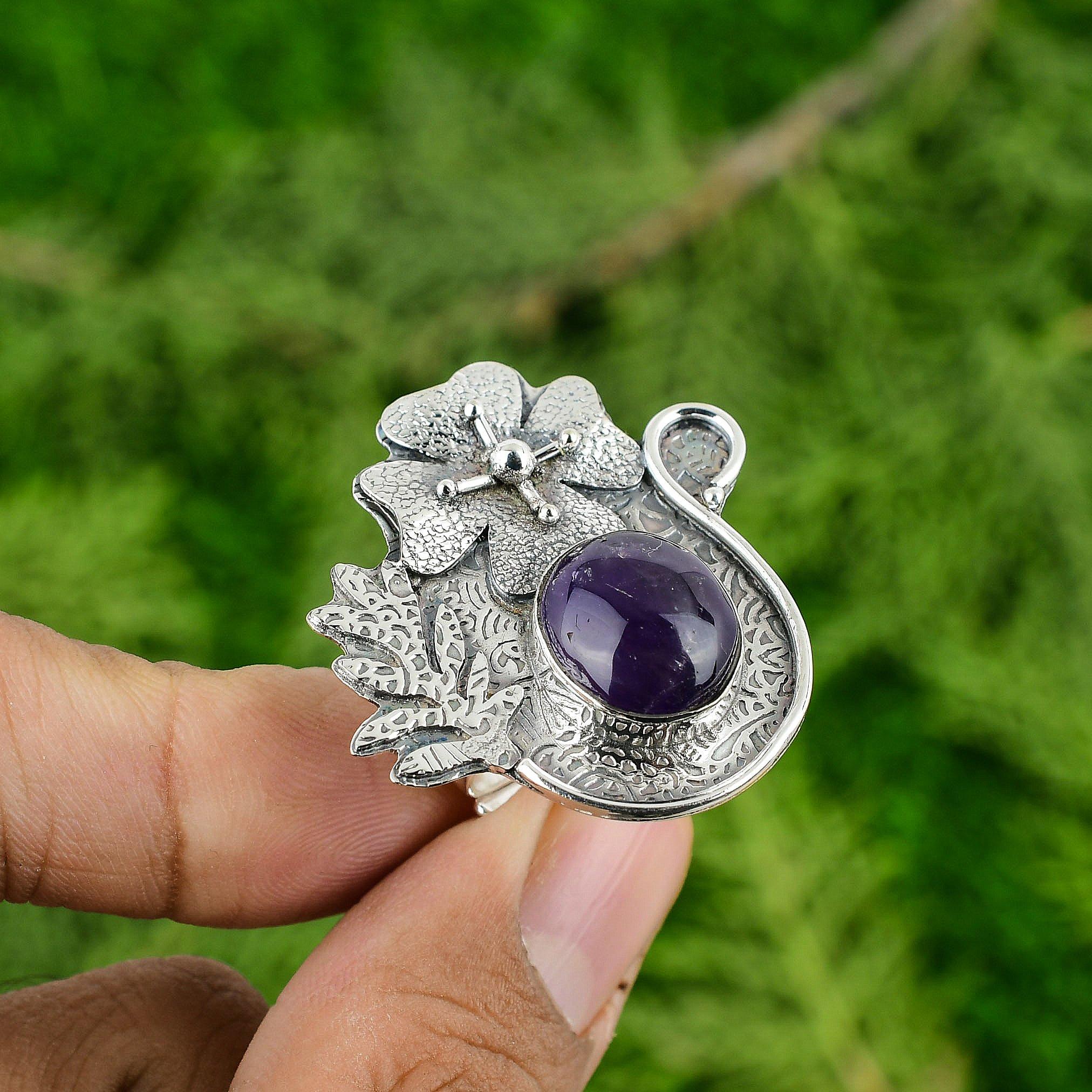 Crown Chakra Oval Natural African Amethyst 925 Silver Stackable New Flower Ring