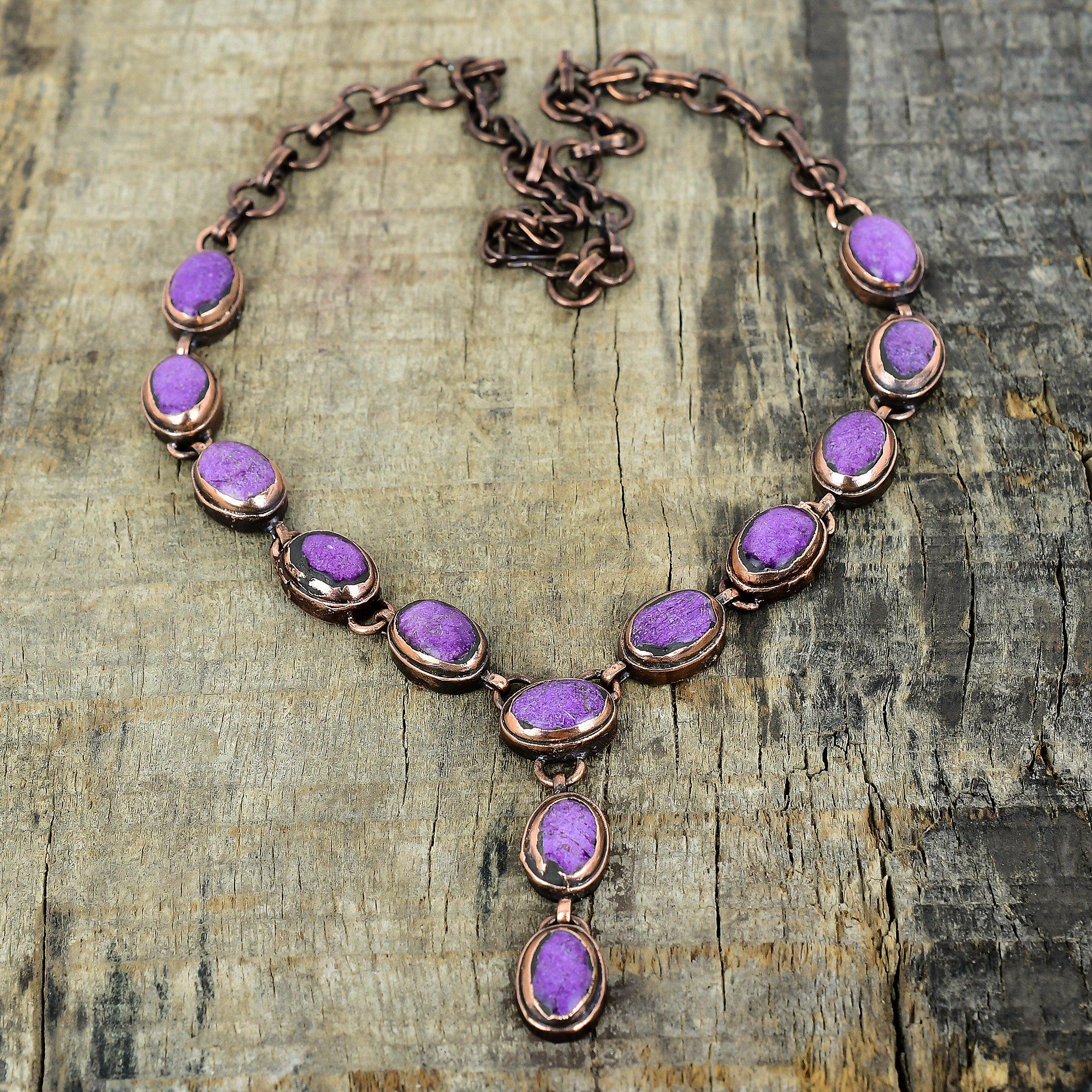 Ожерелье из пурпурита, гальванопластика, медь, регулируемая цепочка, украшения ручной работы, ожерелье с драгоценным камнем, гальванопластические украшения, подарки на помолвку