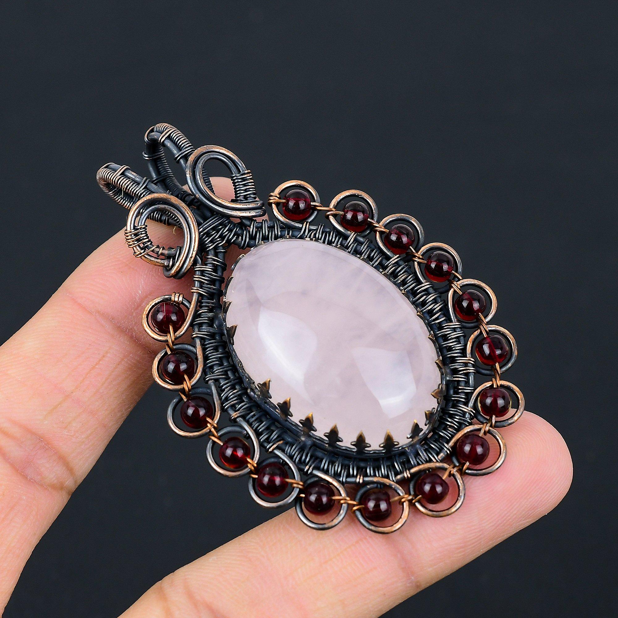 Rose Quartz Gemstone Pure Copper Wire Wrapped Handmade Pendant Jewelry