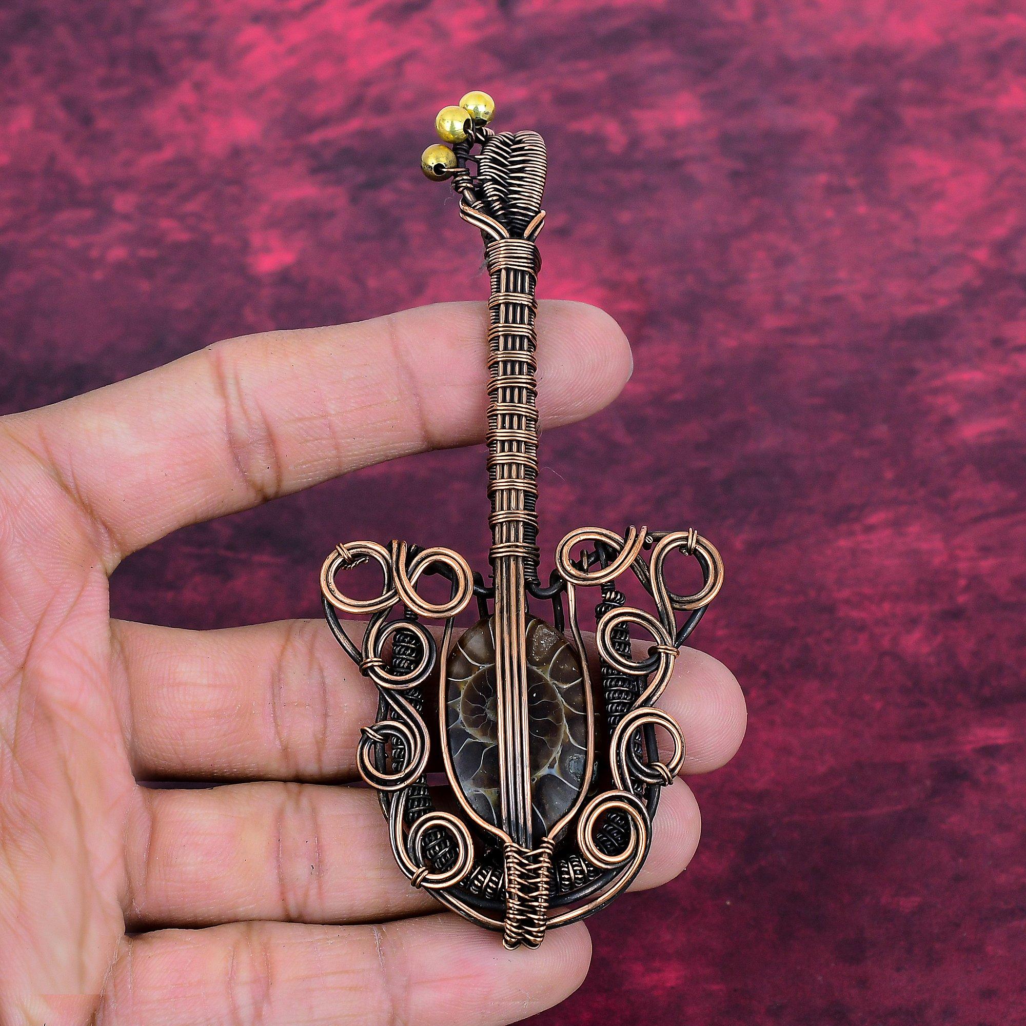 Ammonite Fossil Real Gemstone Pendant Copper Wire Wrapped Pendant Guitar Jewelry