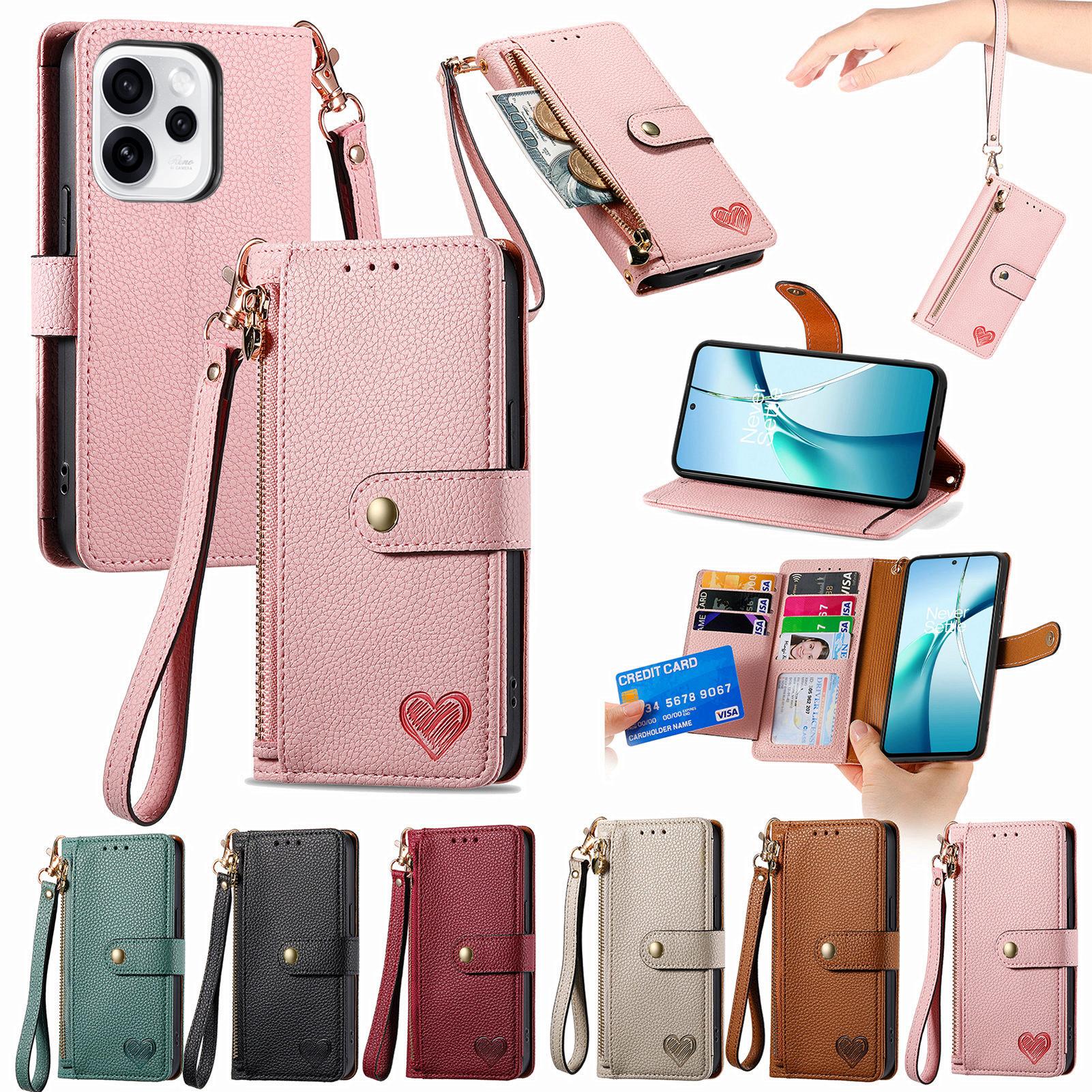 Leather Wallet Flip Case for XiaoMi Poco F8 F7 F6 F5 Ultra Pro Phone Cover Zipper Pocket, Wrist Strap, Heart Emblem, Kickstand