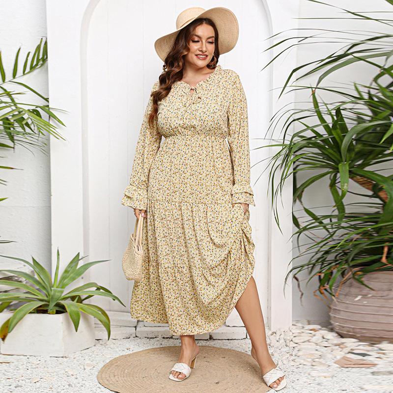 Весенне-осеннее женское платье больших размеров с цветочным принтом, платье супер феи с круглым вырезом и рукавами-лепестками, свежие милые длинные платья