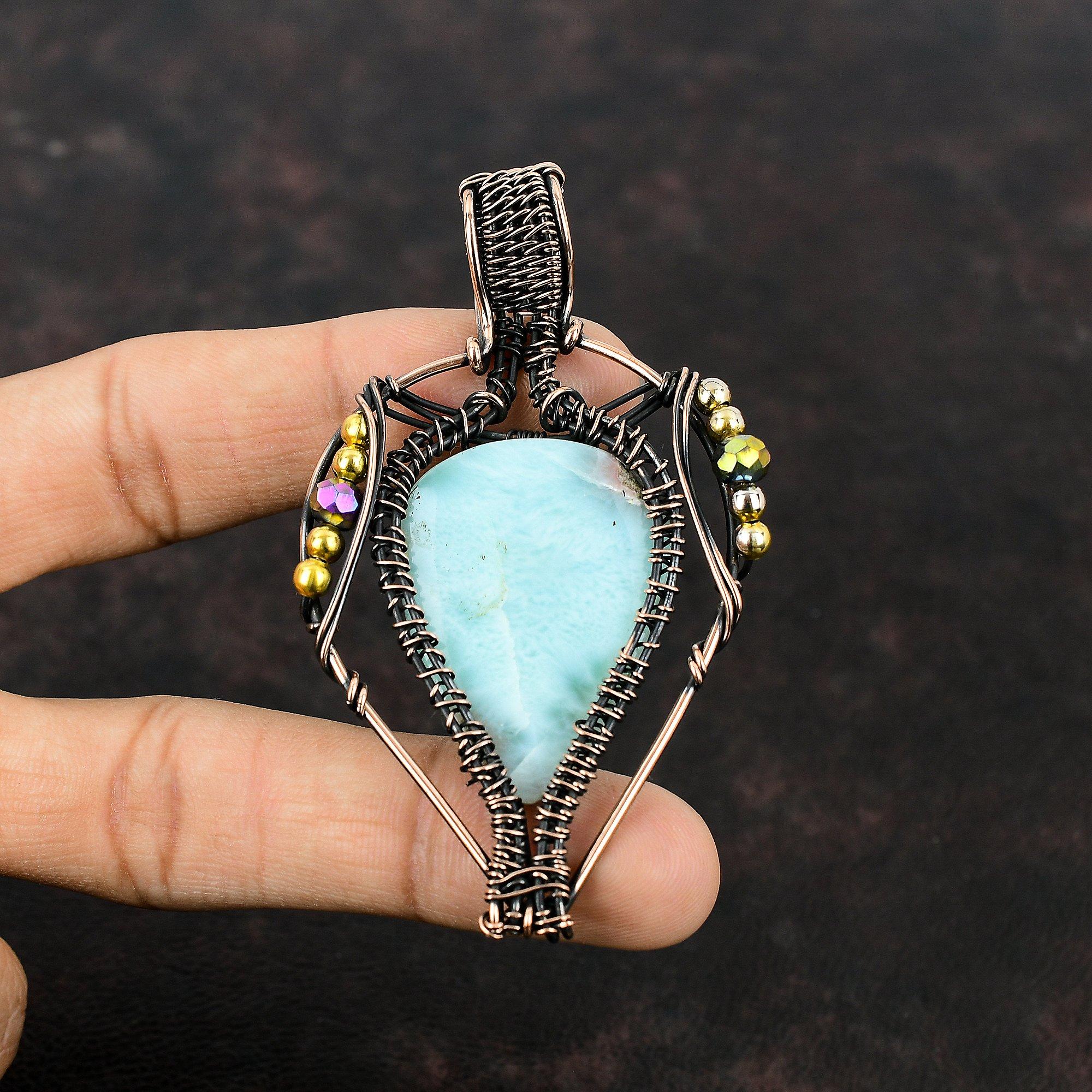 Подвеска из ларимара, медная проволока, обернутая подвеской, высококачественный драгоценный камень, ювелирные изделия ручной работы, медные украшения, титановые бусины, подвеска, подарок для мамы