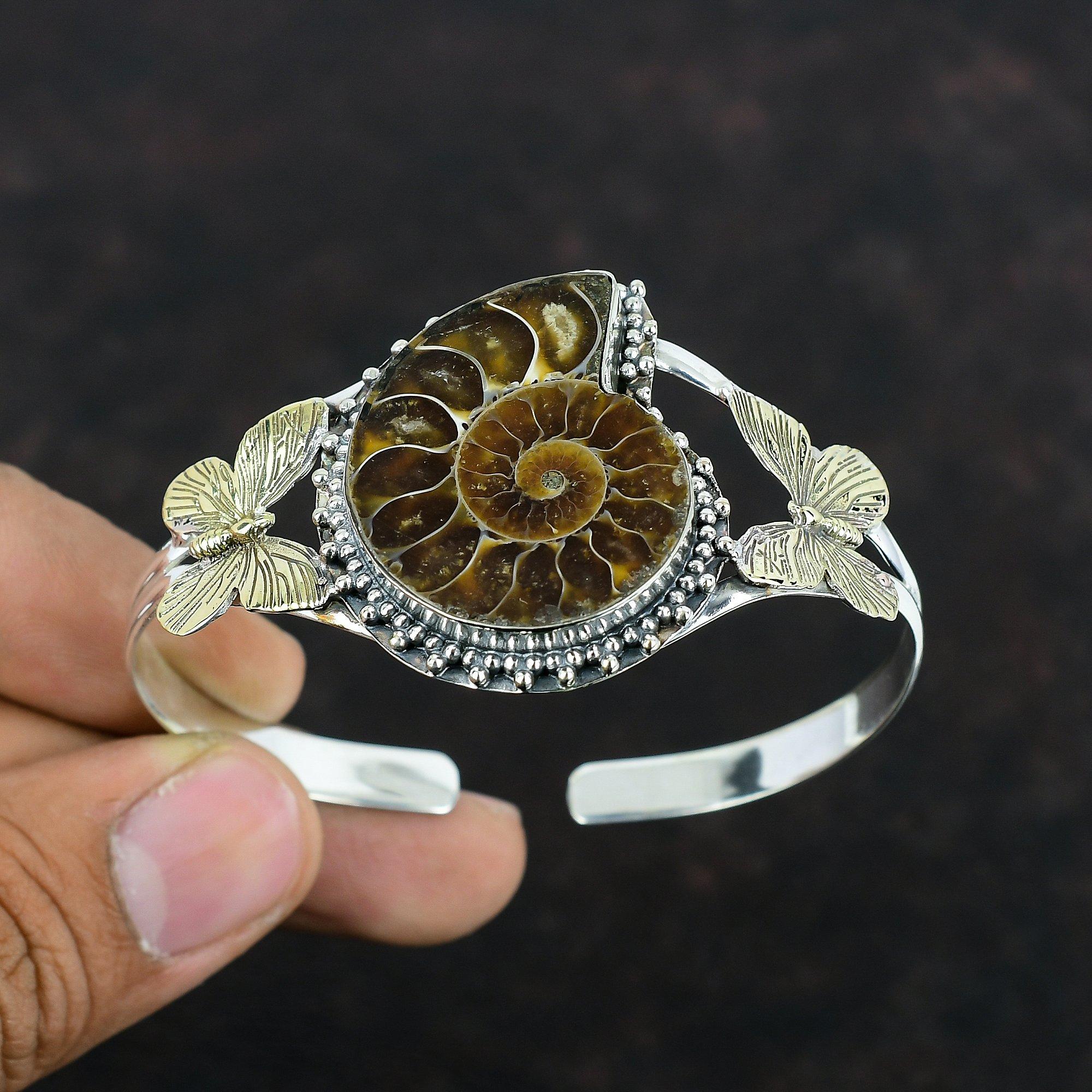 Ammonite Fossil Gemstone Cuff Bracelet 925 Sterling Silver Bangle 18K Gold Plated Butterfly Bangle Handmade Adjustable Cuff Gifts For Women
