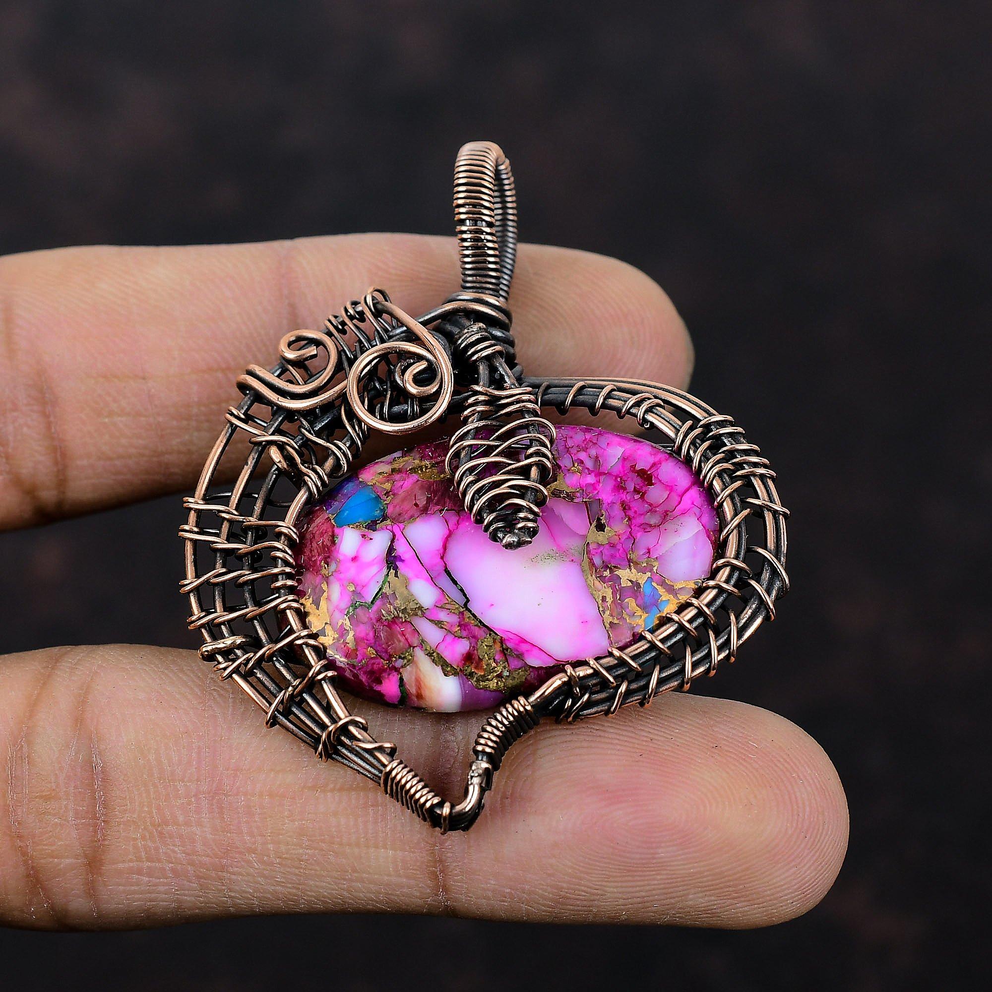 Натуральный Кингман Розовый Георгин Бирюзовый Кулон Кулон, обмотанный медной проволокой Кулон ручной работы Проволочные украшения Подарок для него Драгоценный камень Медные украшения