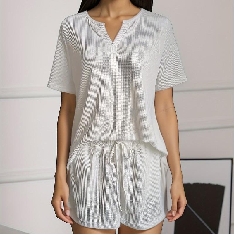 Women's Plus Size Fashion Casual Solid Colour Summer V-Neck Short Sleeve Top Shorts Suit