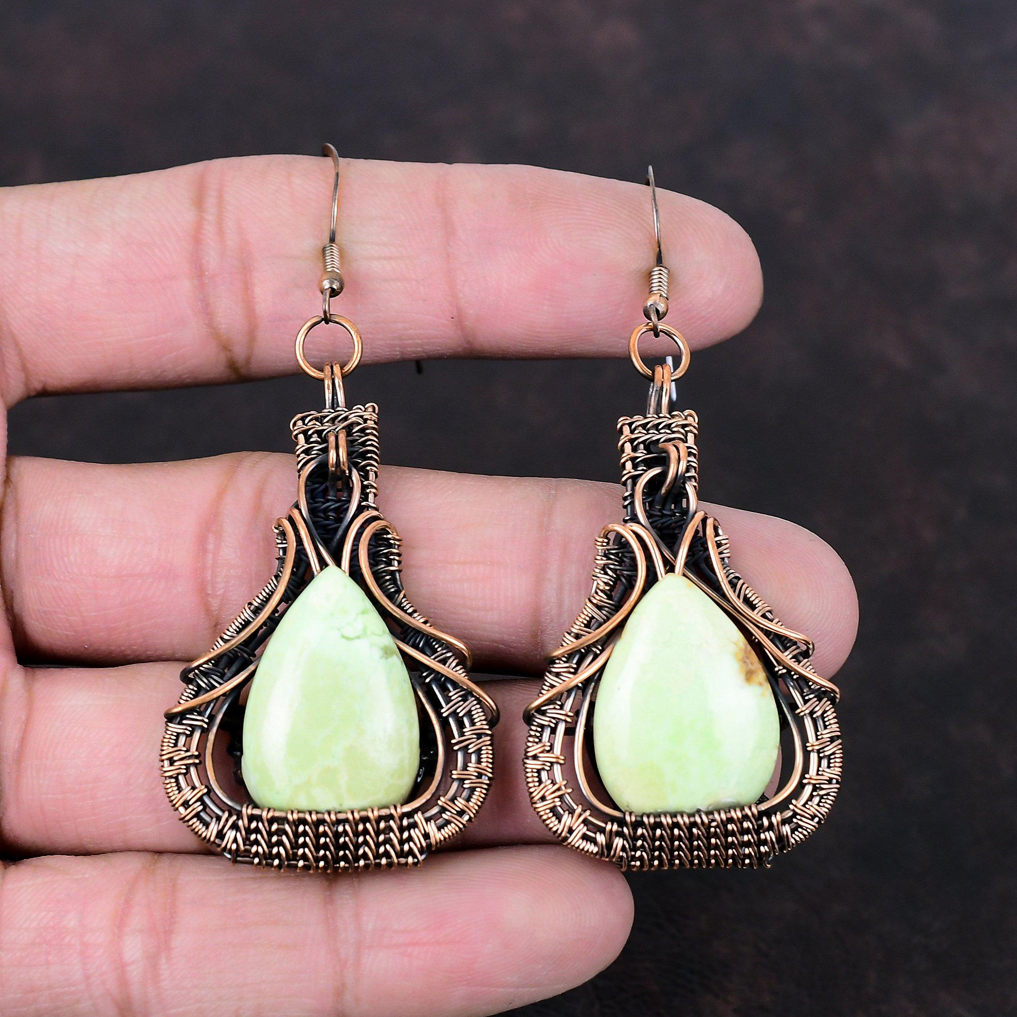 Серьги из лимонного хризопраза, медная проволока, драгоценные камни, ювелирные изделия, серьги ручной работы, женские ювелирные изделия, медная серьга для подарка, серьги, обернутые проволокой