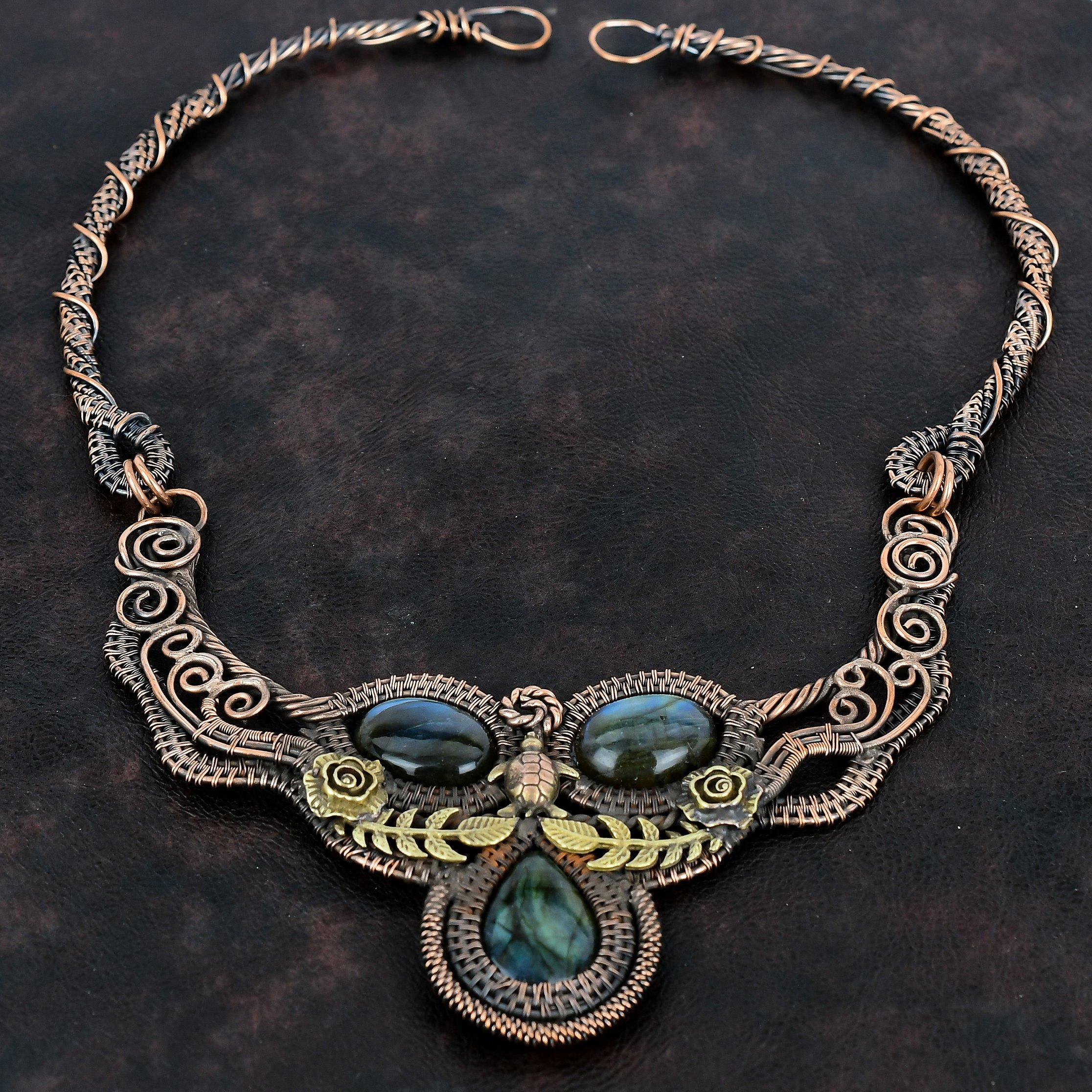 Ожерелье из лабрадорита Ожерелье из медной проволоки Ожерелье ручной работы Ожерелье из натурального драгоценного камня Медные украшения Ожерелье с черепахой Подарки для нее