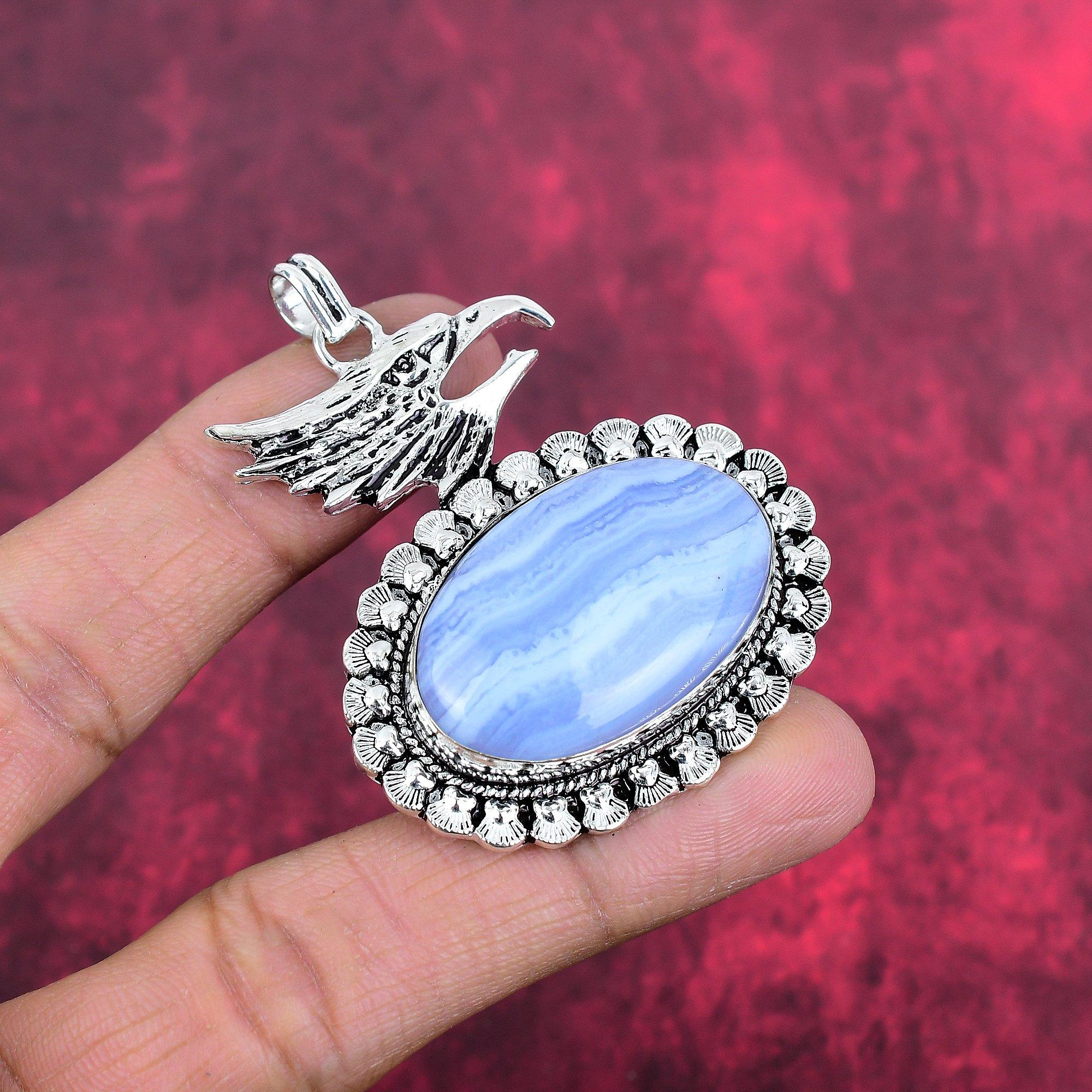 Подвеска из голубого кружевного агата, драгоценный камень ручной работы, 925 пробы, серебряный кулон, антикварная бижутерия, кулон для подарка на помолвку