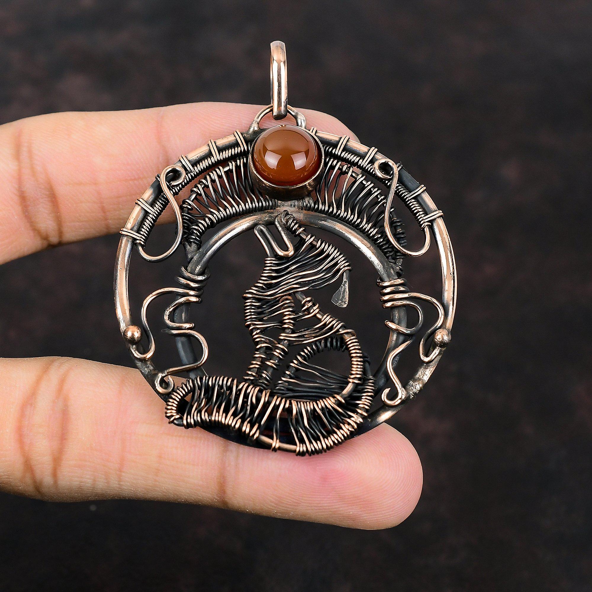 Подвеска из сердолика, кулон из медной проволоки, кулон ручной работы в стиле бохо, медные украшения, кулон для собаки, обернутый проволокой, ювелирные изделия из драгоценных камней, подарок для мамы