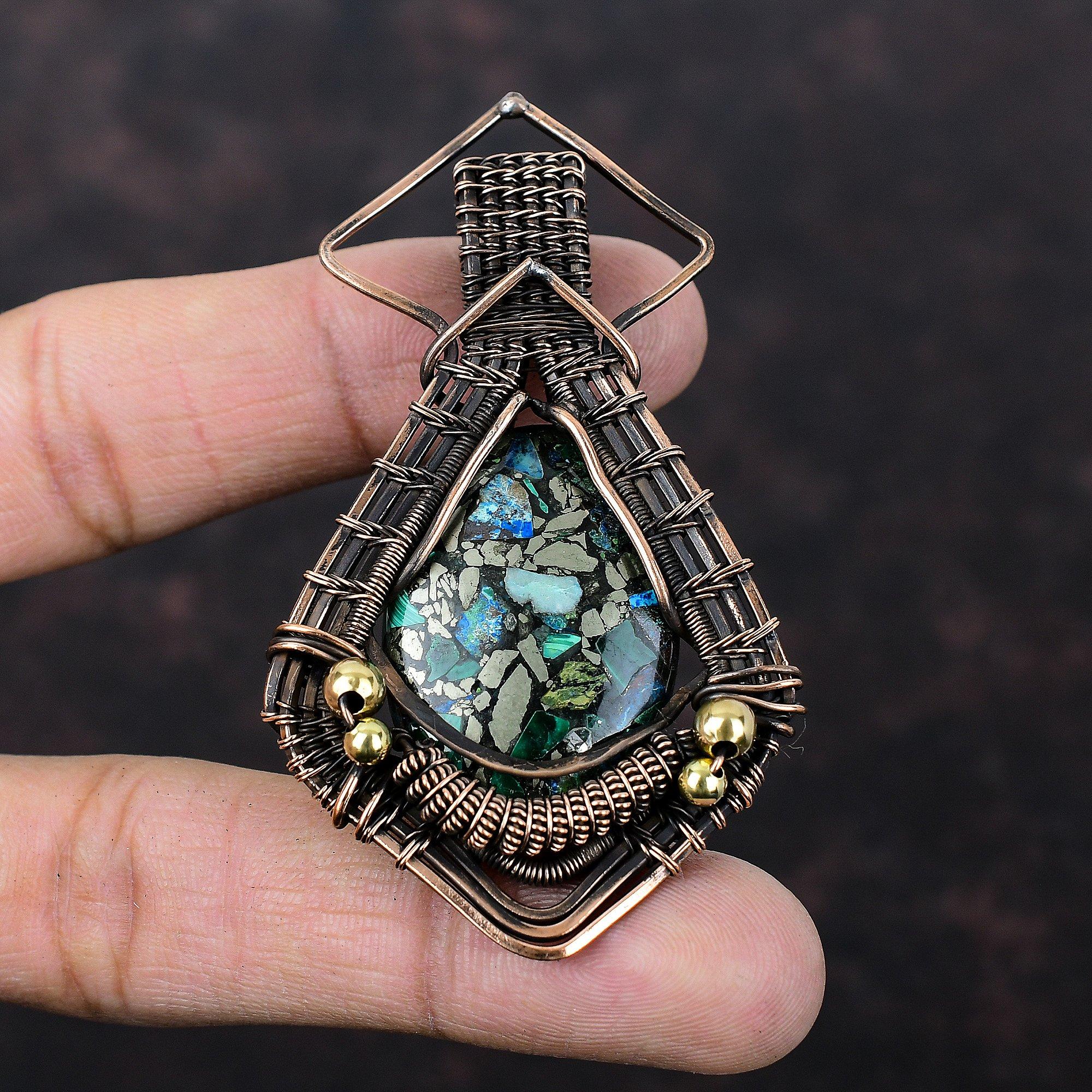 Медный кулон с азуритом и малахитом, обмотанный медной проволокой, ручная работа, медные украшения, кулон с натуральным драгоценным камнем, подарок для нее, украшения в технике wire wrap