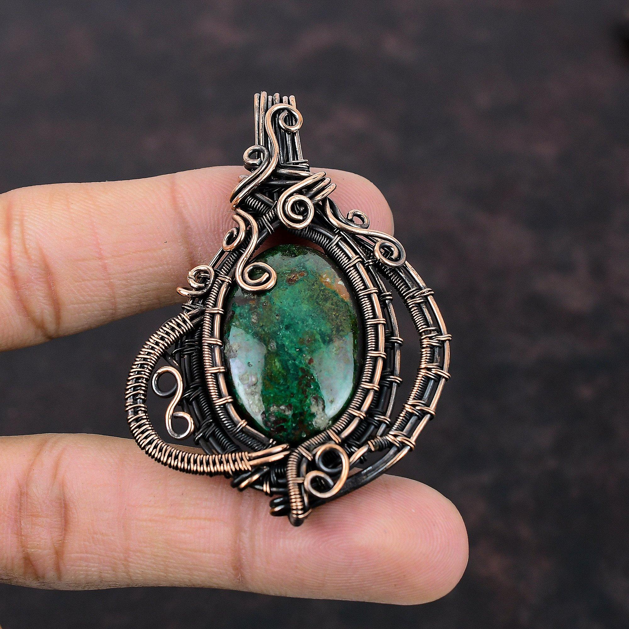 Подвеска из куприта и хризоколлы, чудесный кулон из драгоценного камня, подвеска из медной проволоки, подвеска ручной работы, дизайнерское ювелирное изделие из меди, подарок на помолвку