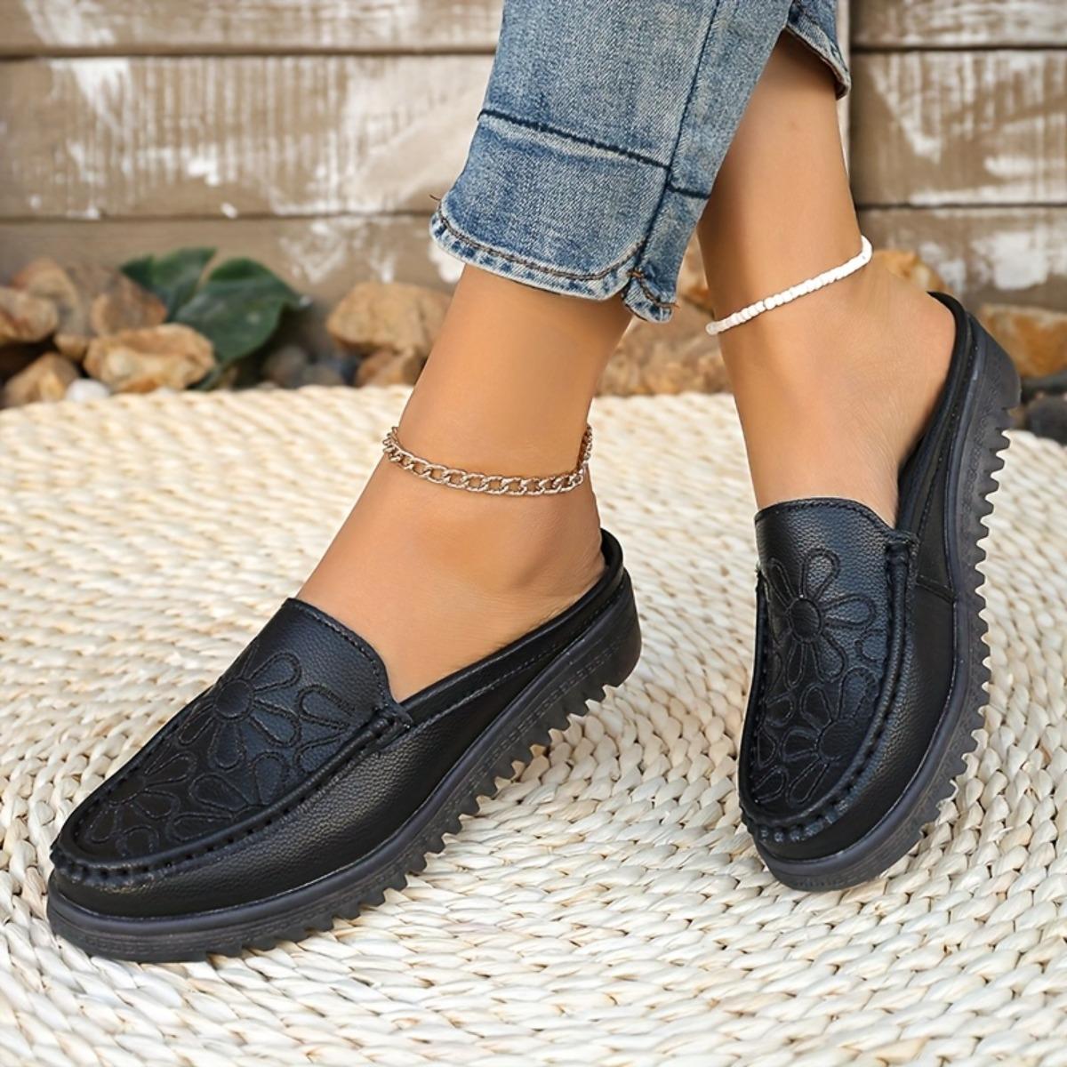 Women's Solid Color Embroidery Mule Shoes, Fashion Hundreds of Flat Shoes, Non-slip Comfortable Casual Women's Shoes