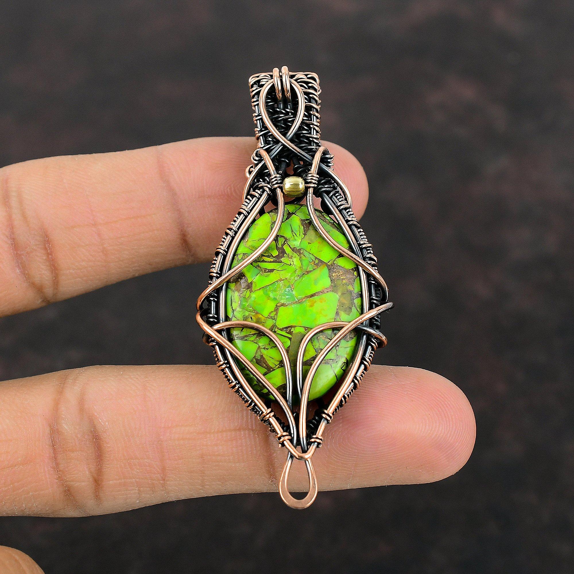 Медный Зеленый Бирюзовый Камень Подвеска Подвеска, Обмотанная Медной Проволокой Ручная Работа Ювелирные Изделия Абсолютно Новая Подвеска Подарок Для Нее Красивые Медные Ювелирные Изделия