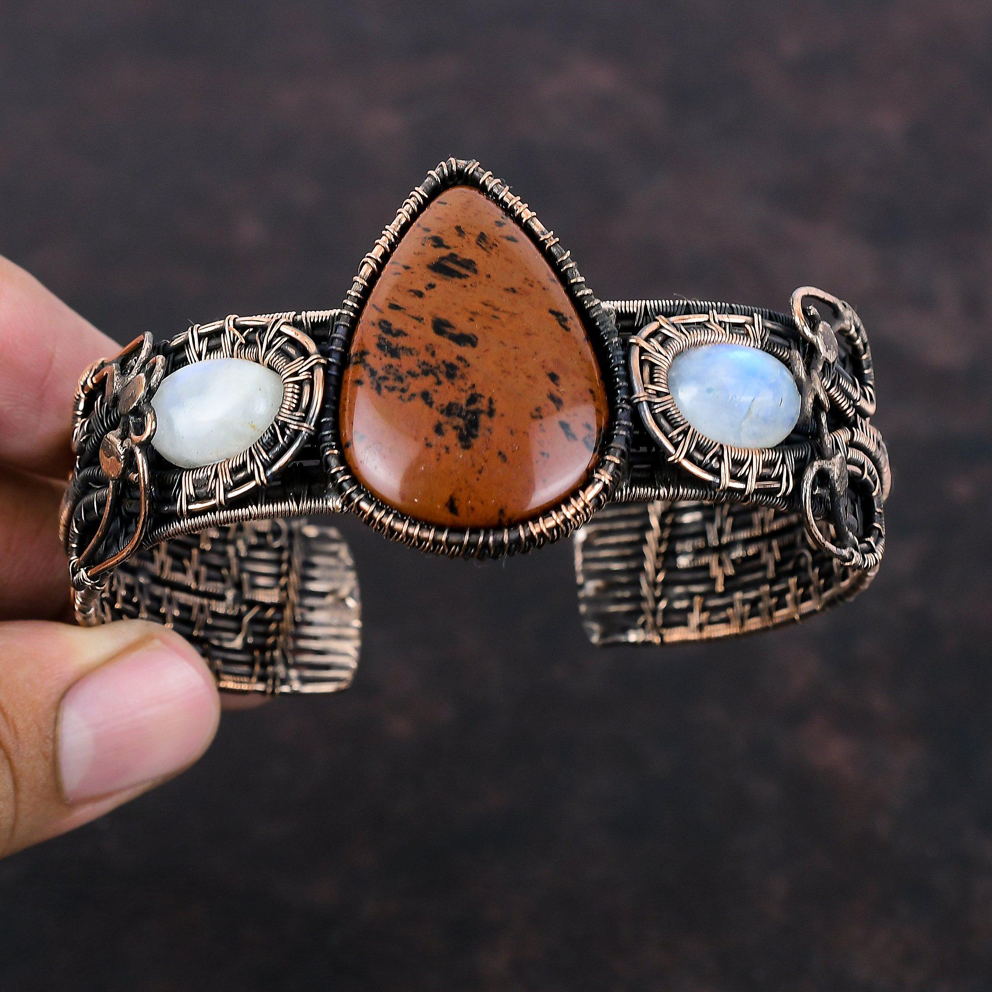 Браслет из красного дерева и обсидиана, браслет-манжета из медной проволоки, регулируемый браслет, ювелирные изделия ручной работы, браслет из радужного лунного камня, подарок для него