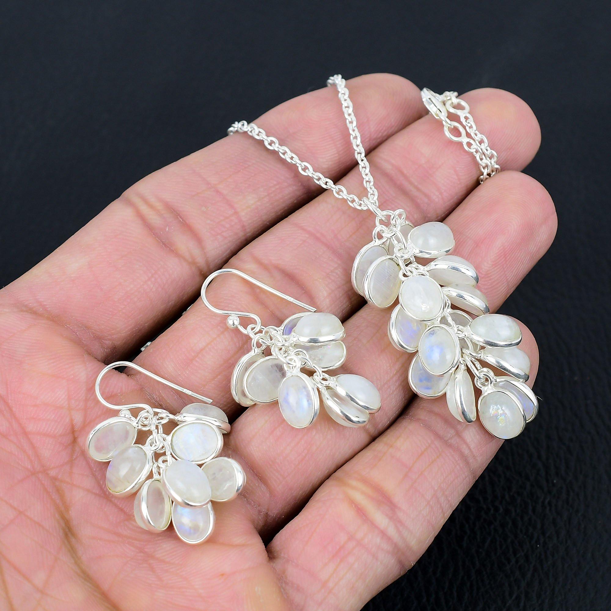 Набор сережек ожерелья из натурального радужного лунного камня, серебро 925 пробы, висячие серьги ручной работы, комплект ожерелья, подарок на День святого Валентина