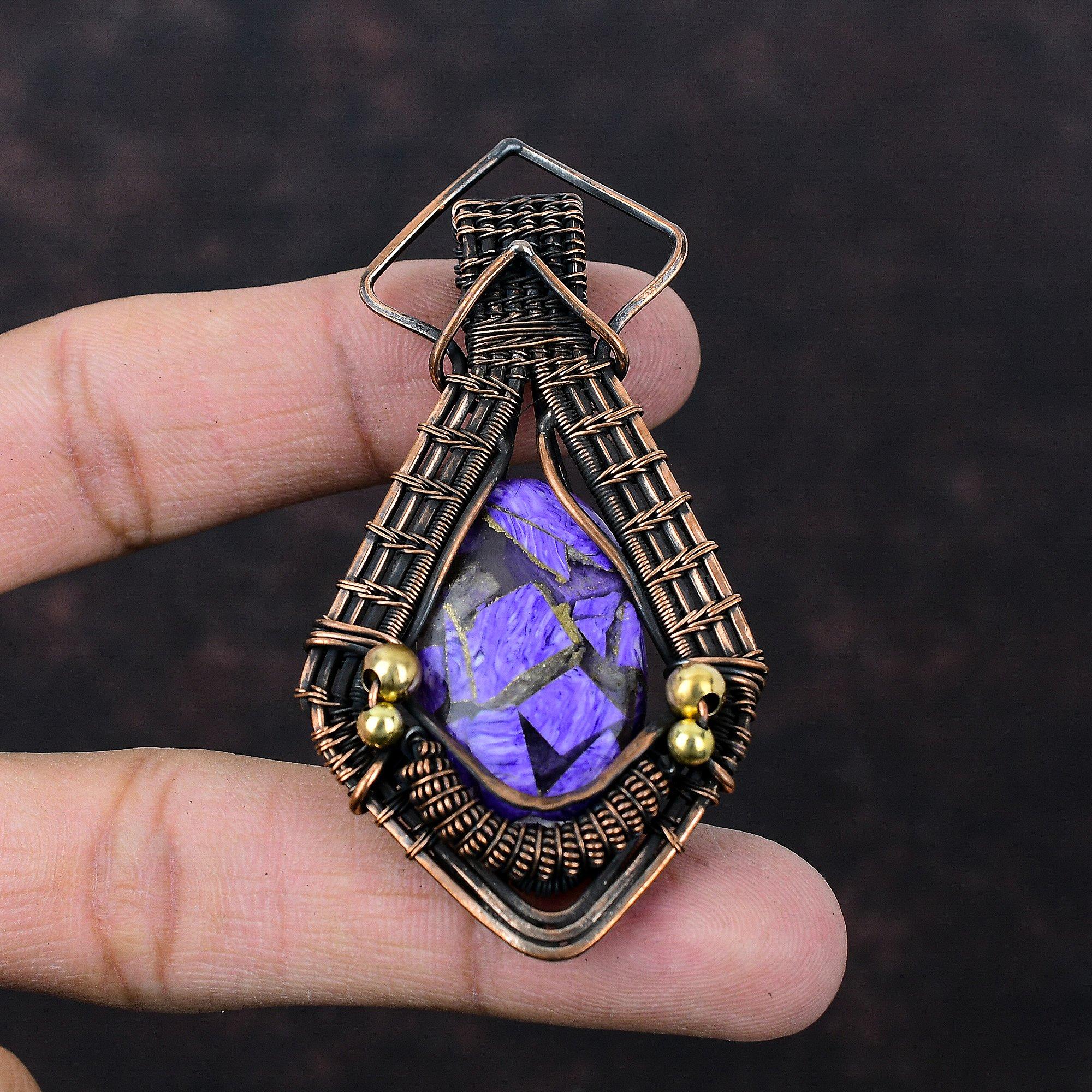 Медный кулон с чароитом, медная проволока, кулон, ювелирные изделия ручной работы, новый кулон, кулон с драгоценным камнем, медная проволока, ювелирные изделия, подарок на годовщину