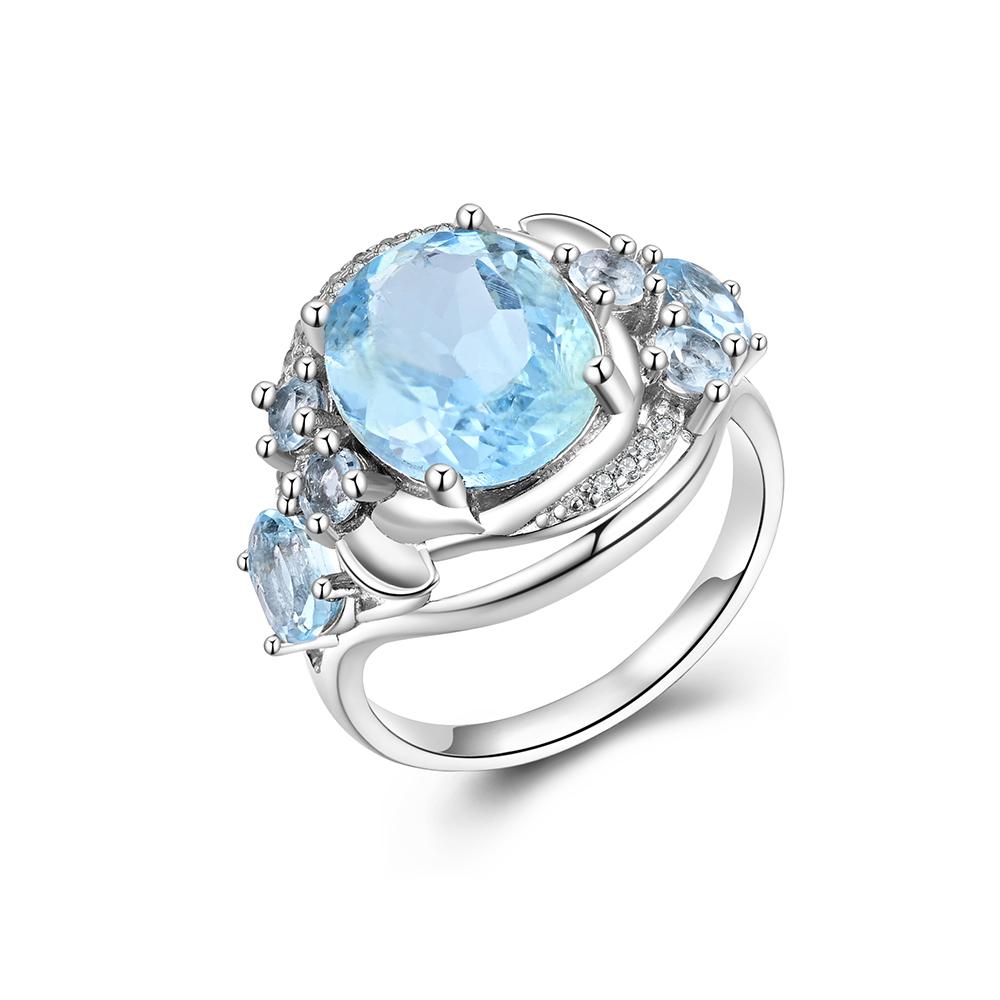 Великолепное кольцо с натуральным небесно-голубым топазом, дизайн с несколькими драгоценными камнями, модное, легкое, роскошное, женская одежда для юбилеев и банкетов, изысканные ювелирные изделия