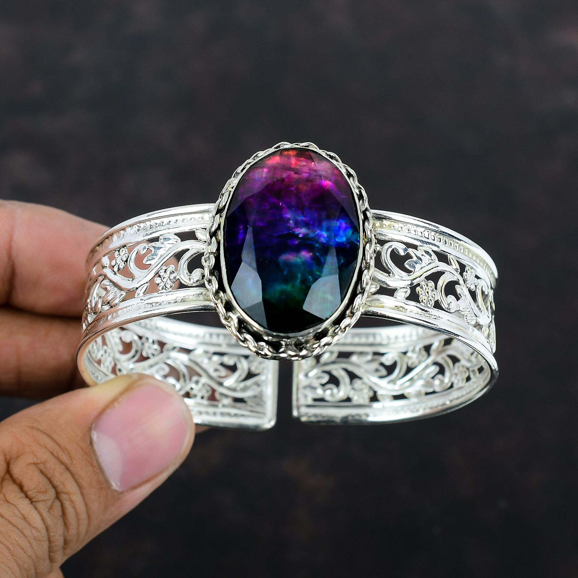 Faceted Ammolite Cuff Bracelet 925 Sterling Silver Bangle Adjustable Cuff Bracelet Gemstone Bangle Handmade Silver Jewelry Gifts For Friend