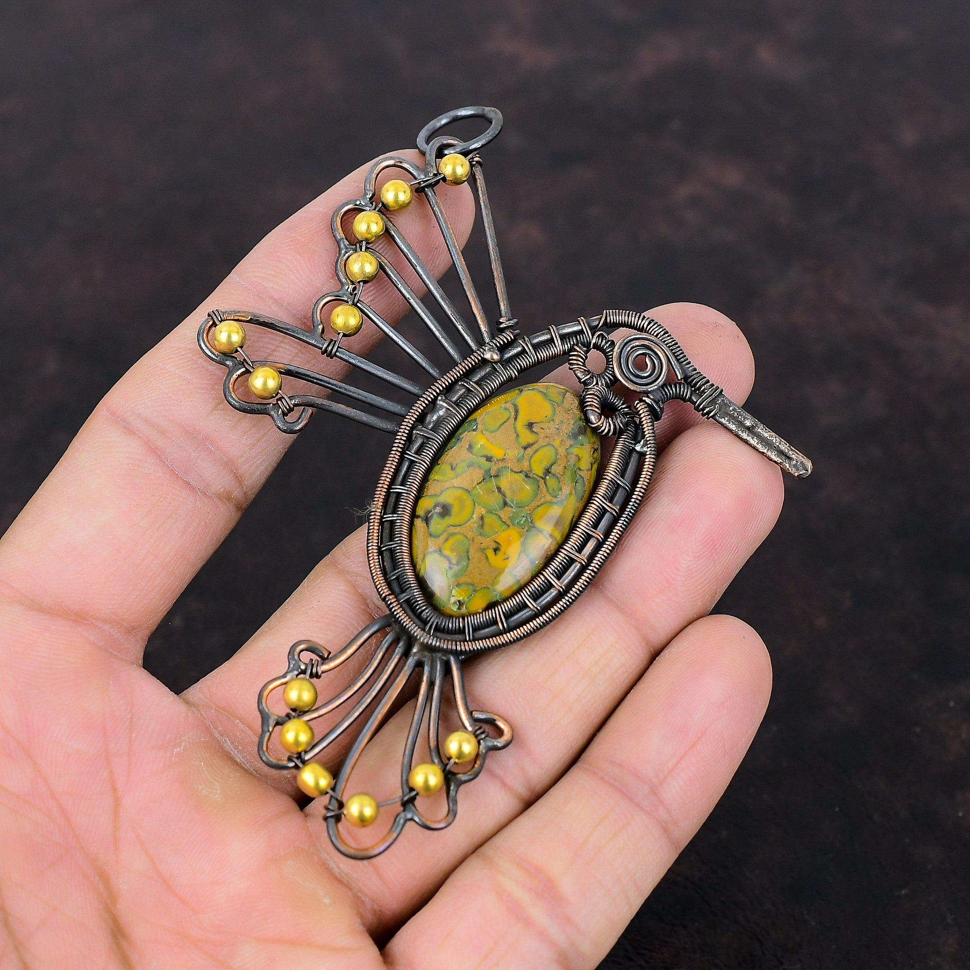 Кулон из фруктовой яшмы, медная проволока, кулон в виде птицы, кулон в виде птицы, медные украшения, кулон с драгоценным камнем, подарок для него, ювелирные изделия из проволочной обмотки ручной работы