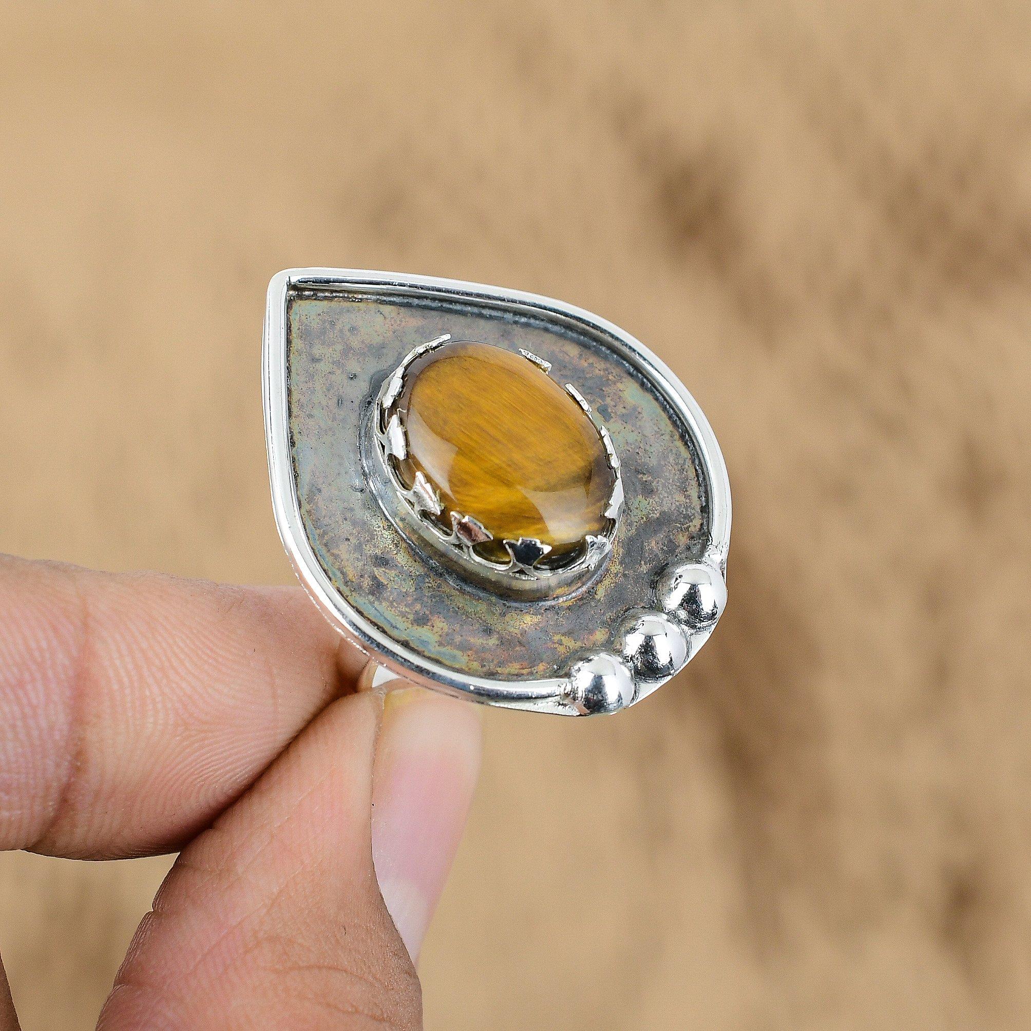 Mothers day Deal Oval Tiger's Eye Stone 925 Silver Art Deco Promise Ring Jewelry
