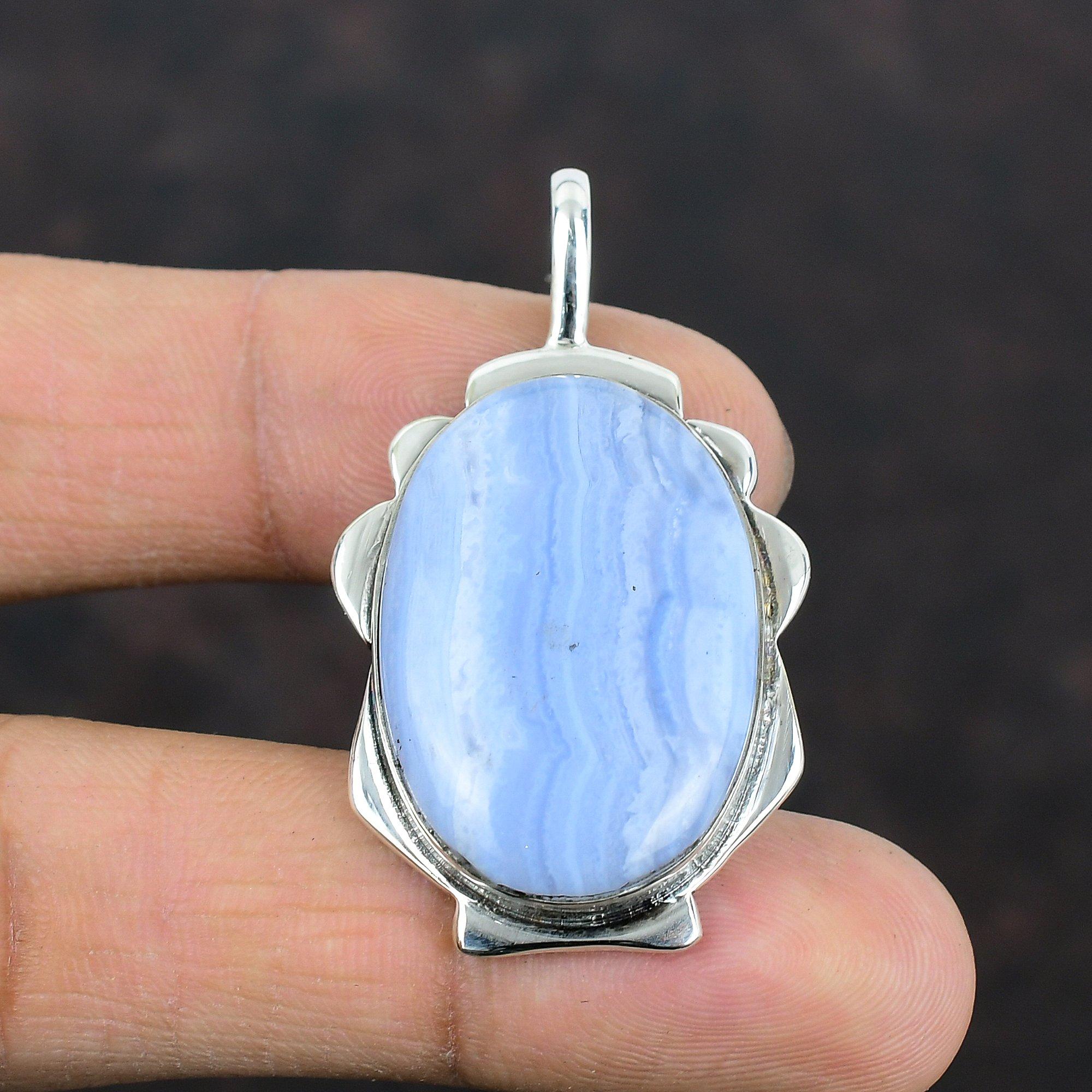 Blue Lace Agate Pendant Genuine Gemstone Pendant Antique Jewelry 925 Sterling Silver Pendant Handmade Pendant Gift For Her Brand New Jewelry